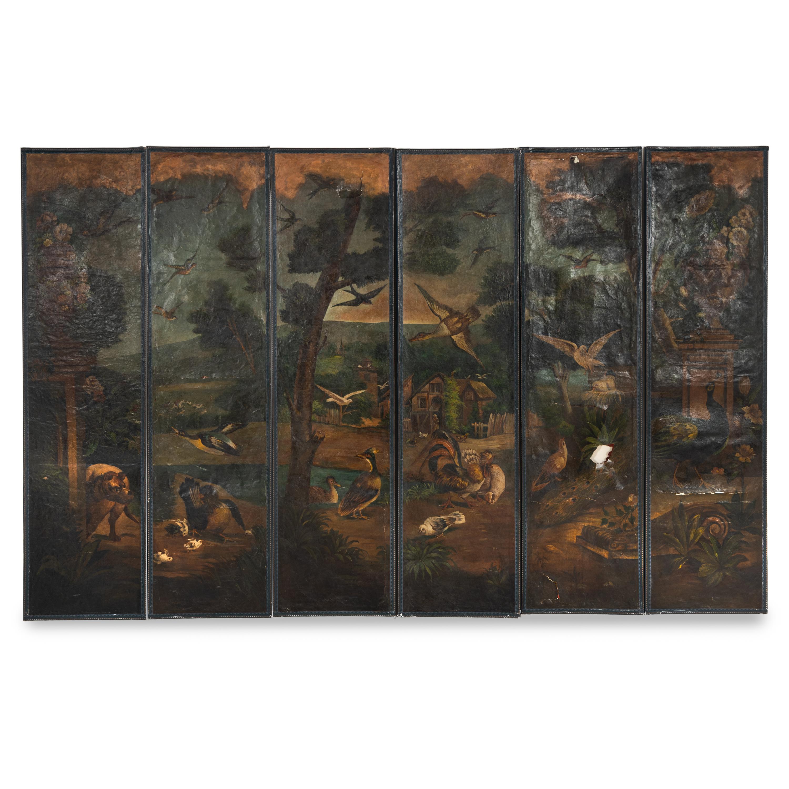 A Continental Painted Canvas Six-Panel Screen