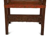 An Italian Baroque Style Carved Oak Open Armchair with Painted Leather Back and Seat