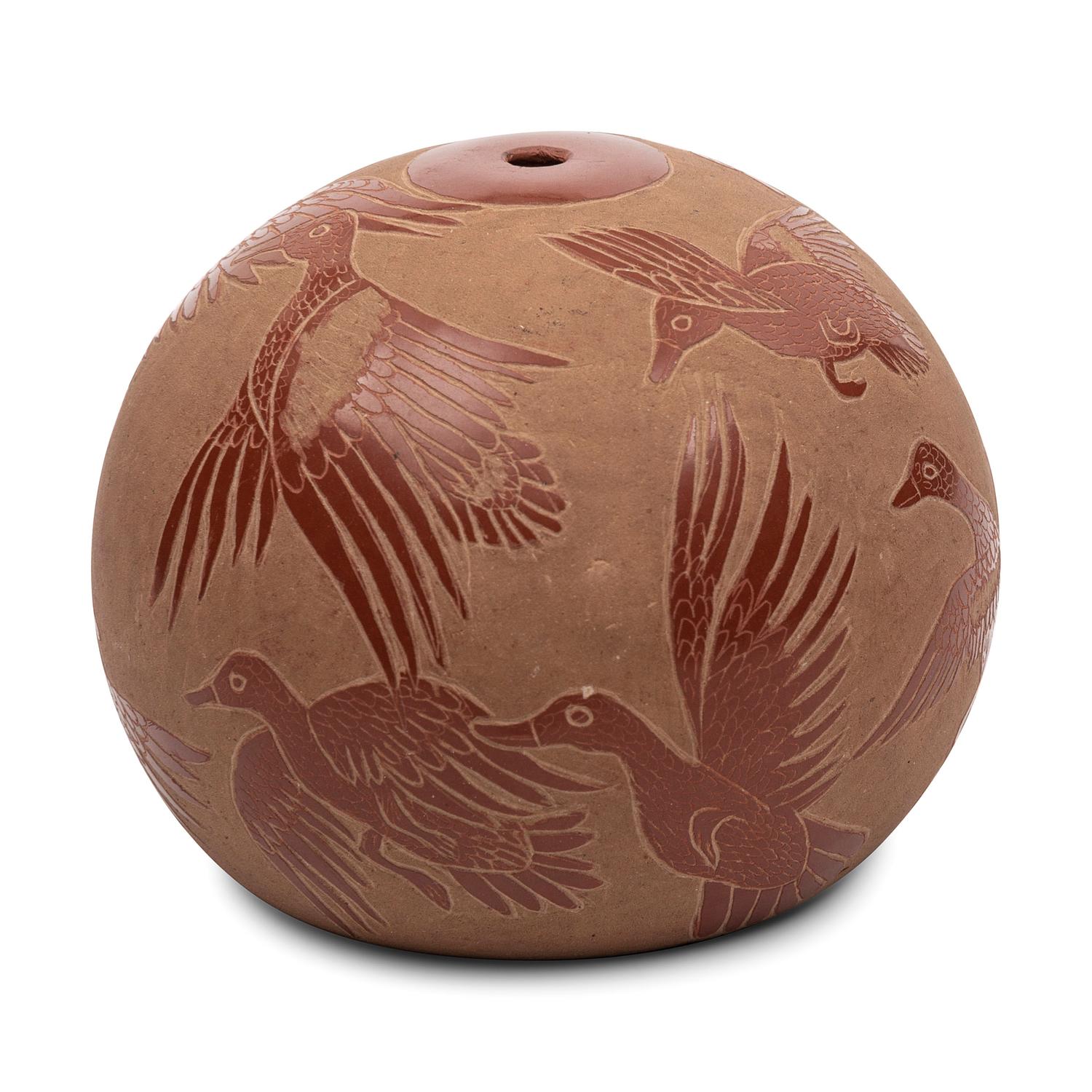Redware Sgraffito Pottery Seed Jar, with Ducks