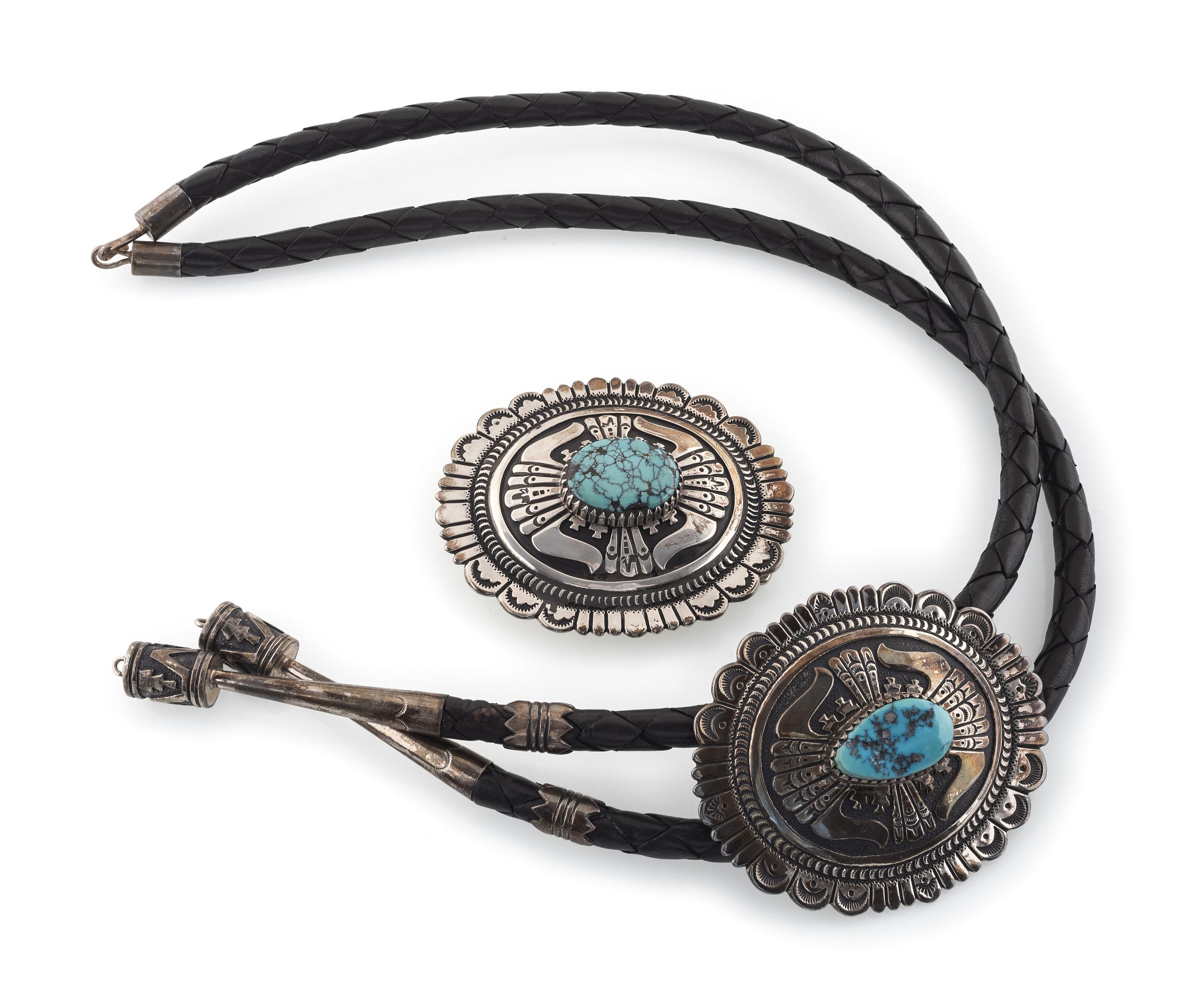 Matching Sterling Silver and Turquoise Belt Buckle AND Bolo Tie