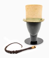 Women's Riding Top Hat and Braided Leather Whip, 1880s