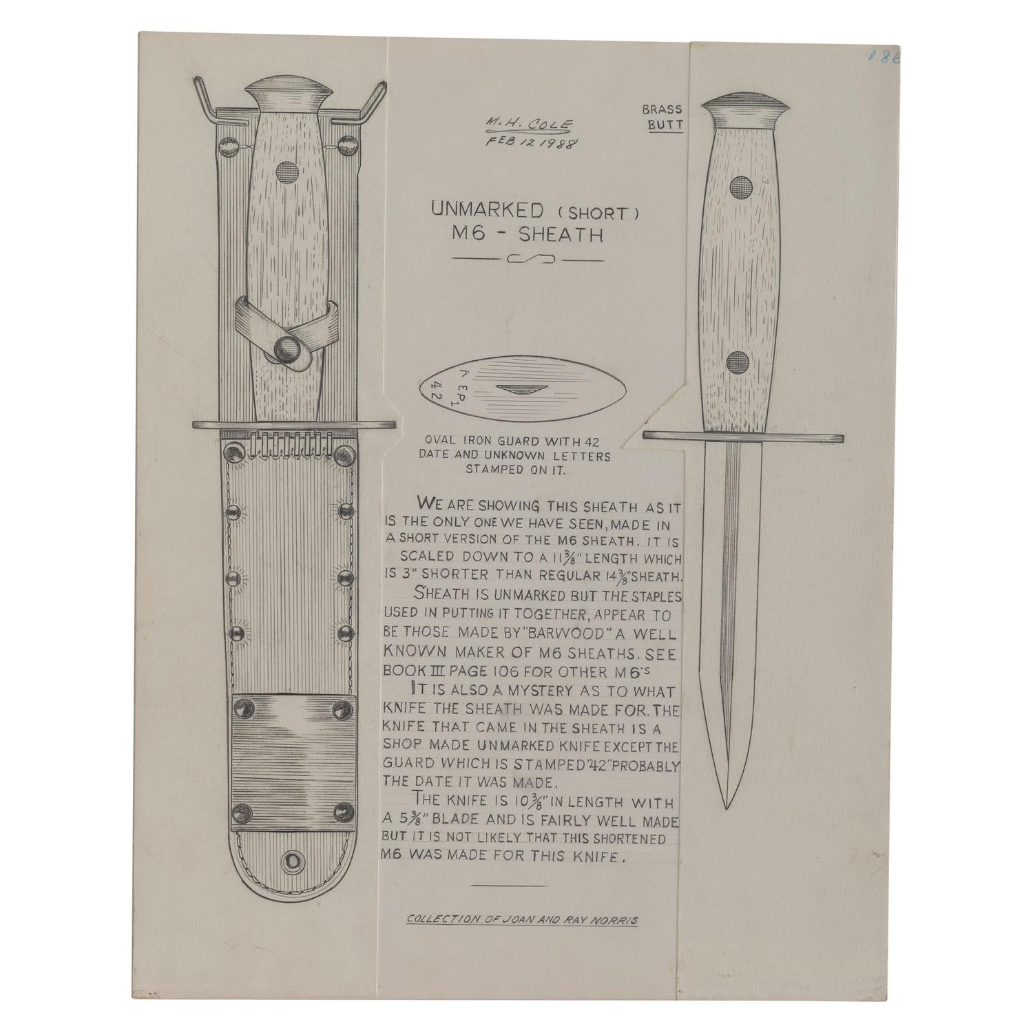 M.H. Cole Fighting Knife Archive with Two Cole Made Knives & Scabbards, Original Book Manuscript Drawings From Volumes III and IV as well as Additional Pre-Publication Paperwork