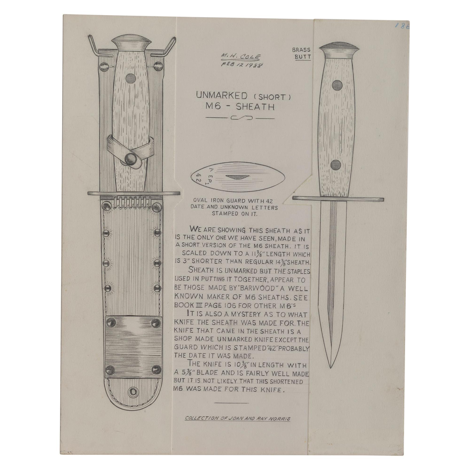 M.H. Cole Fighting Knife Archive with Two Cole Made Knives & Scabbards, Original Book Manuscript Drawings From Volumes III and IV as well as Additional Pre-Publication Paperwork