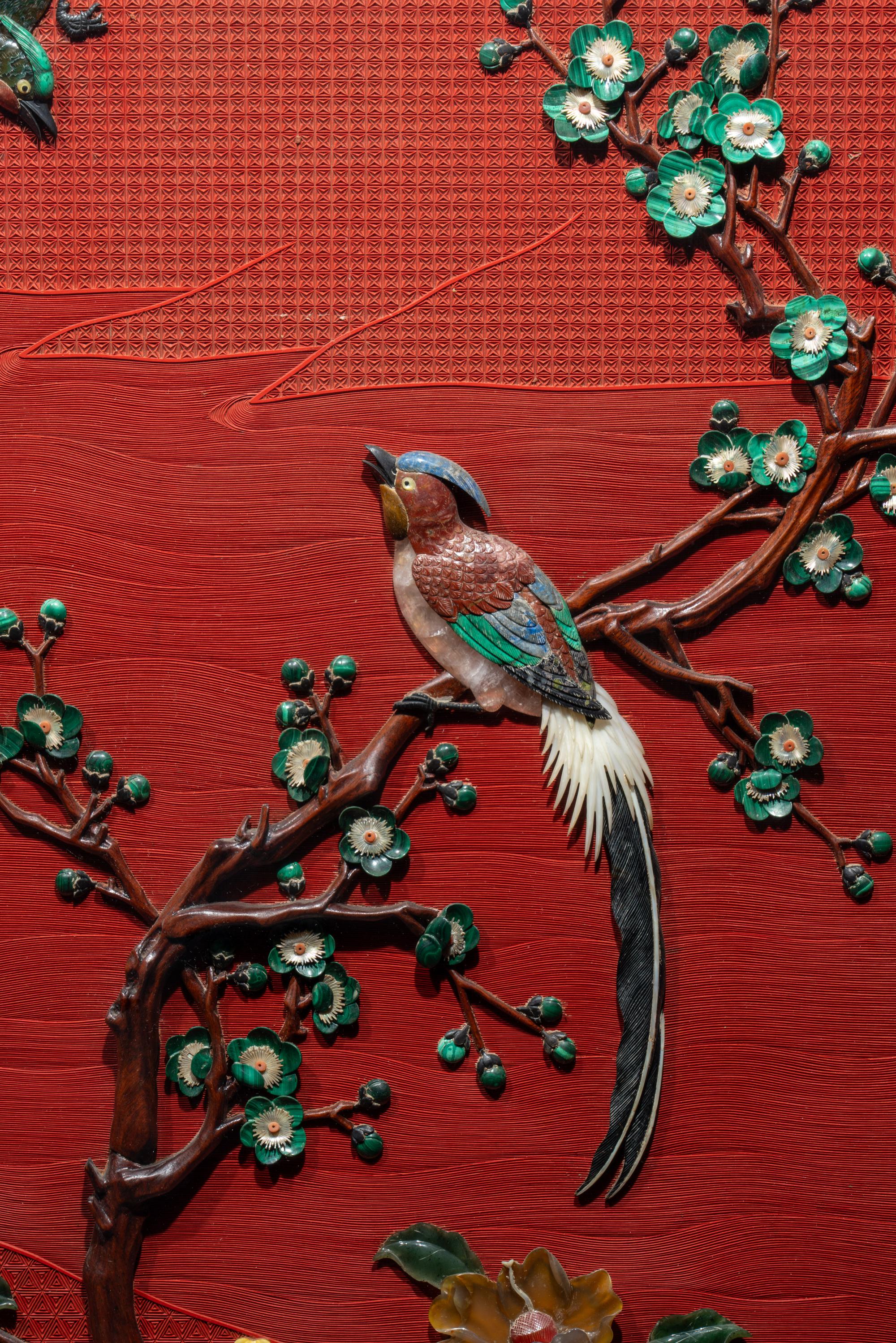 A Pair of Chinese Cinnabar Lacquered Ground Hardstone Inlaid Hanging Screens