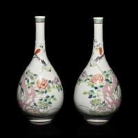 A Pair of Chinese Famille Rose Porcelain 'Peony and Bird' Bottle Vases, 20th Century — 近代 粉彩花鳥圖膽瓶一對