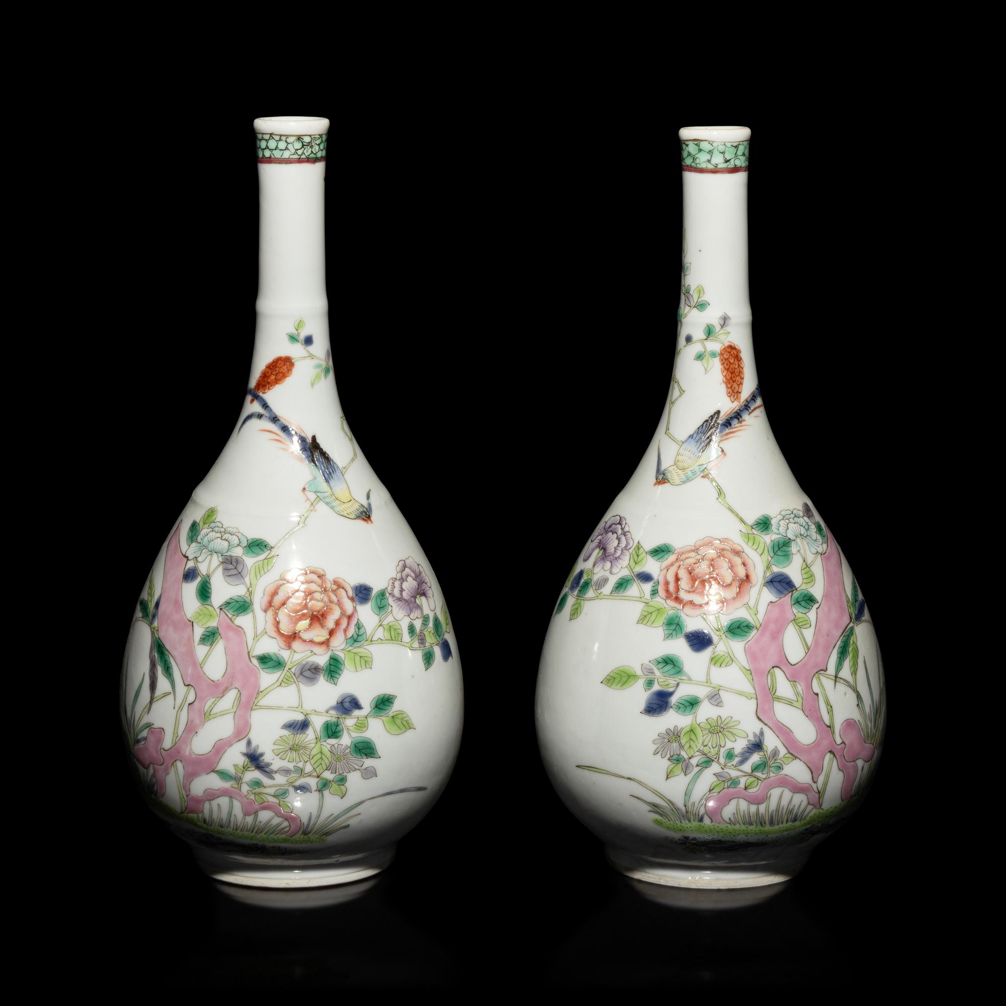 A Pair of Chinese Famille Rose Porcelain 'Peony and Bird' Bottle Vases, 20th Century — 近代 粉彩花鳥圖膽瓶一對