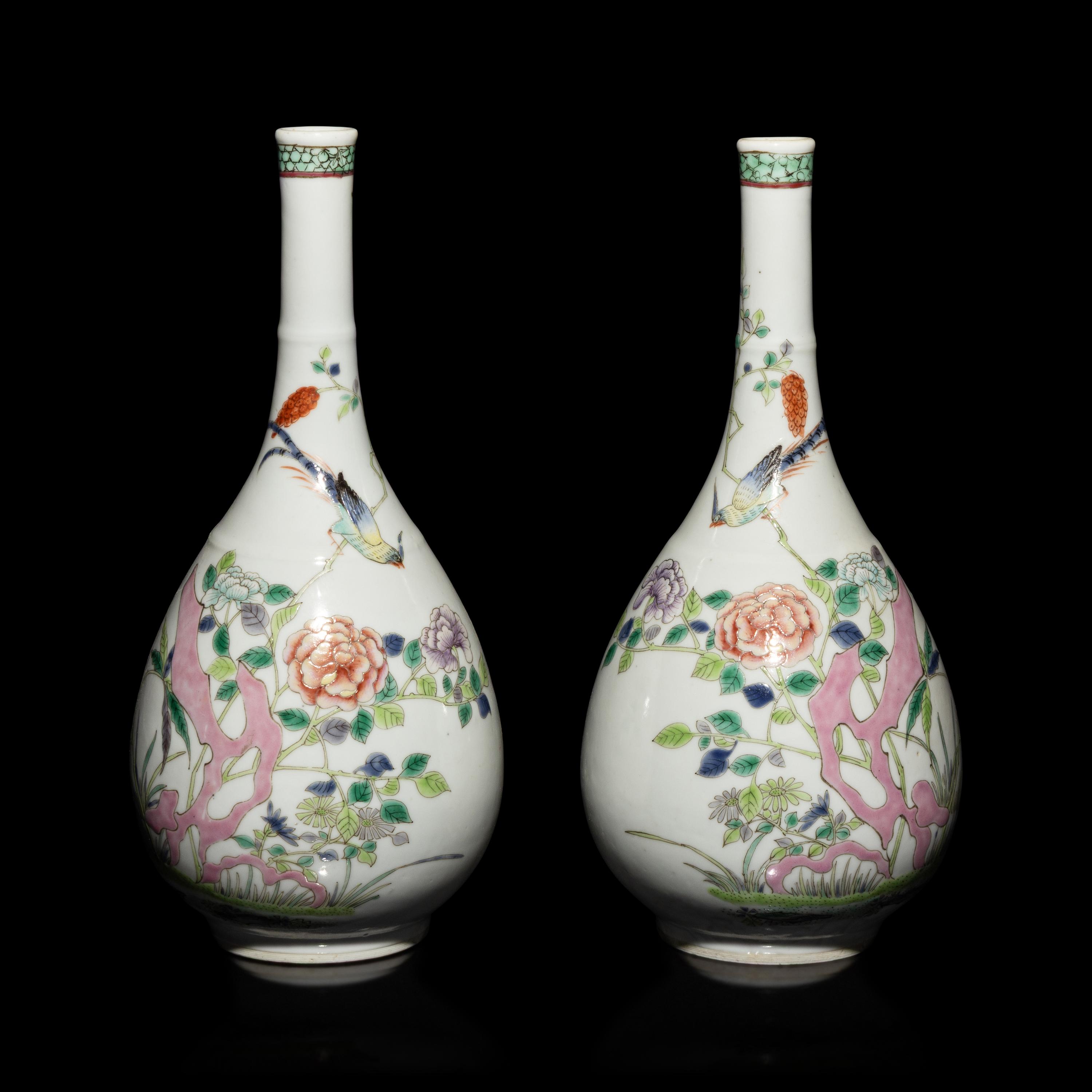 A Pair of Chinese Famille Rose Porcelain 'Peony and Bird' Bottle Vases, 20th Century — 近代 粉彩花鳥圖膽瓶一對