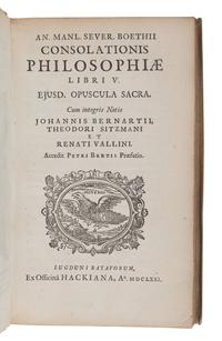 BOETHIUS, Anicius Manlius Torquatus Severinus (480?-524?). Consolationis Philosophiae Libri V . Leiden: Ex Officina Hackiana, 1671.
