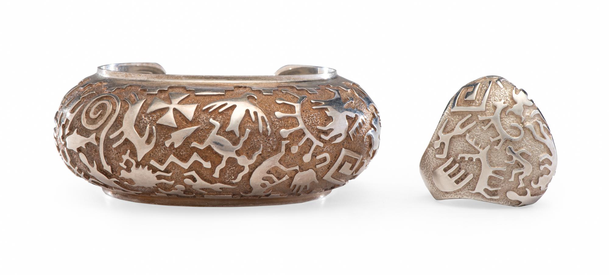 Sterling Silver Cast Ring and Cuff Bracelet, with Petroglyph Design Lot is located and will ship from Denver, Colorado.