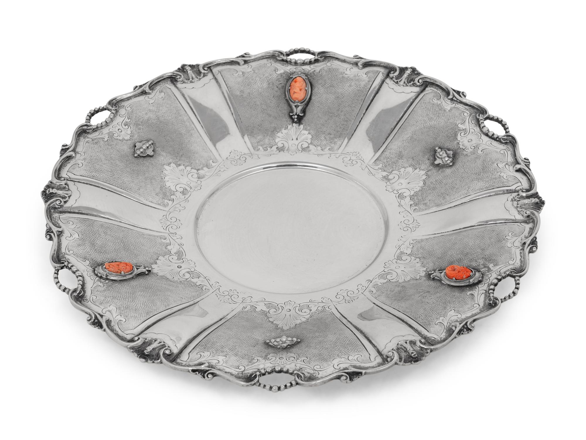 An Italian Silver and Coral-Inset Serving Dish