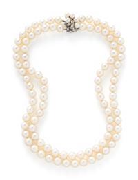 DOUBLE STRAND CULTURED PEARL AND DIAMOND NECKLACE