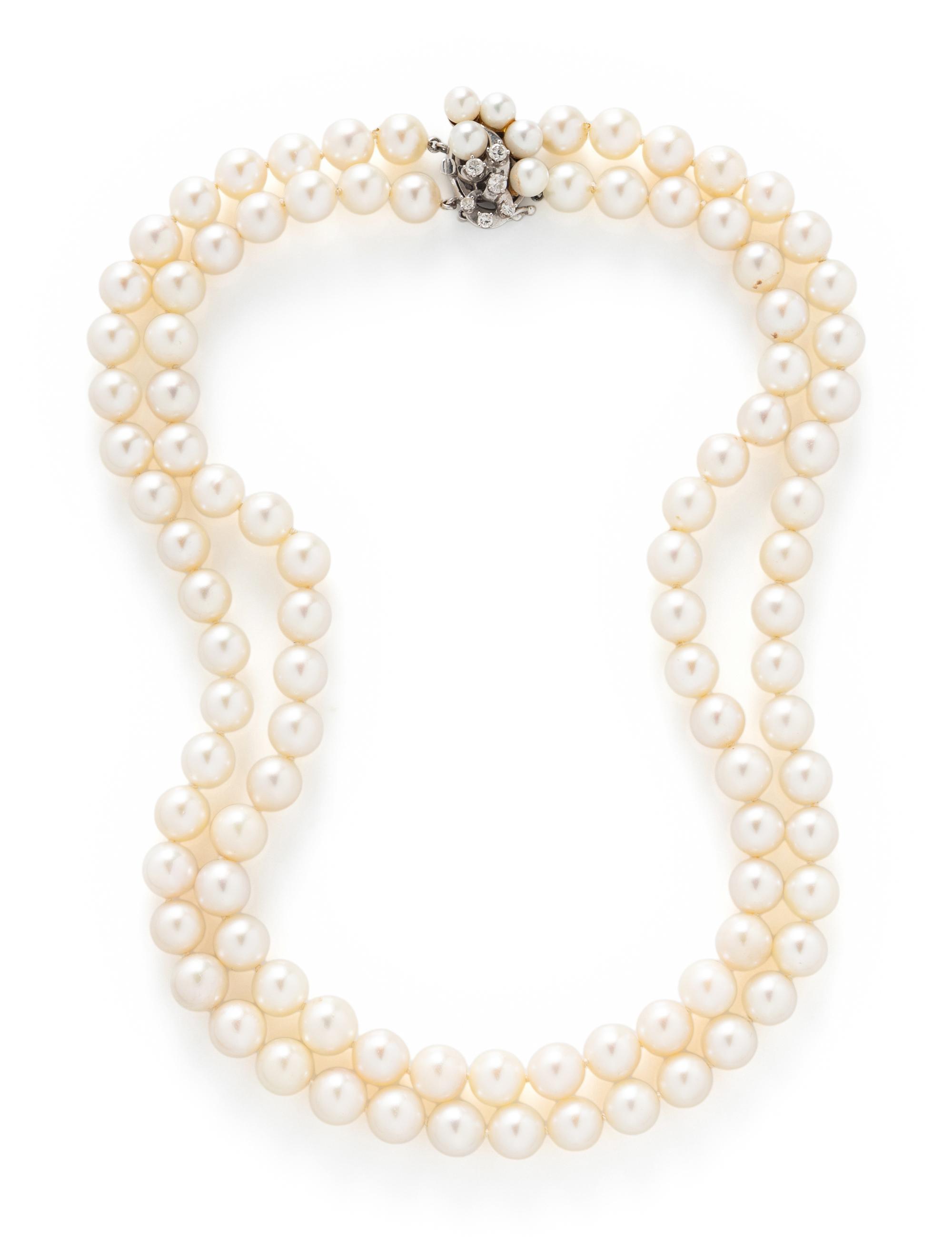 DOUBLE STRAND CULTURED PEARL AND DIAMOND NECKLACE