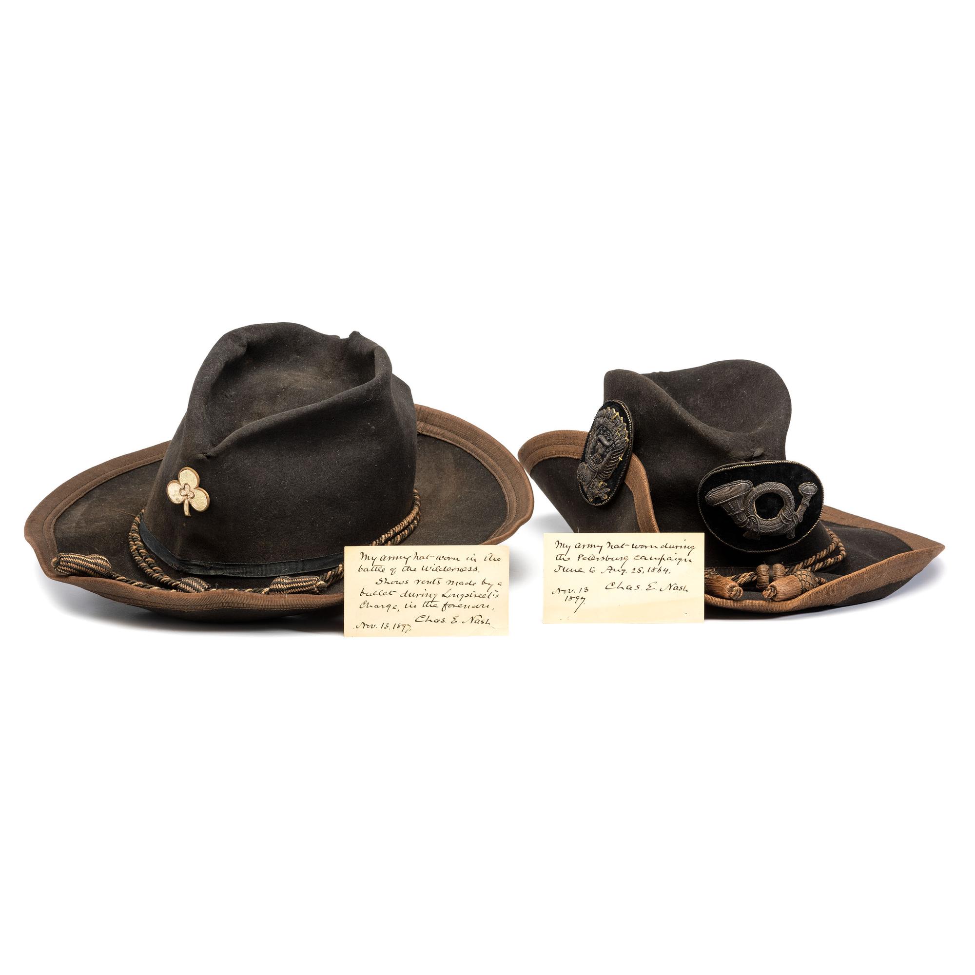 Two Army slouch hats identified to Captain Charles E. Nash, Company F, 19th Maine Infantry.