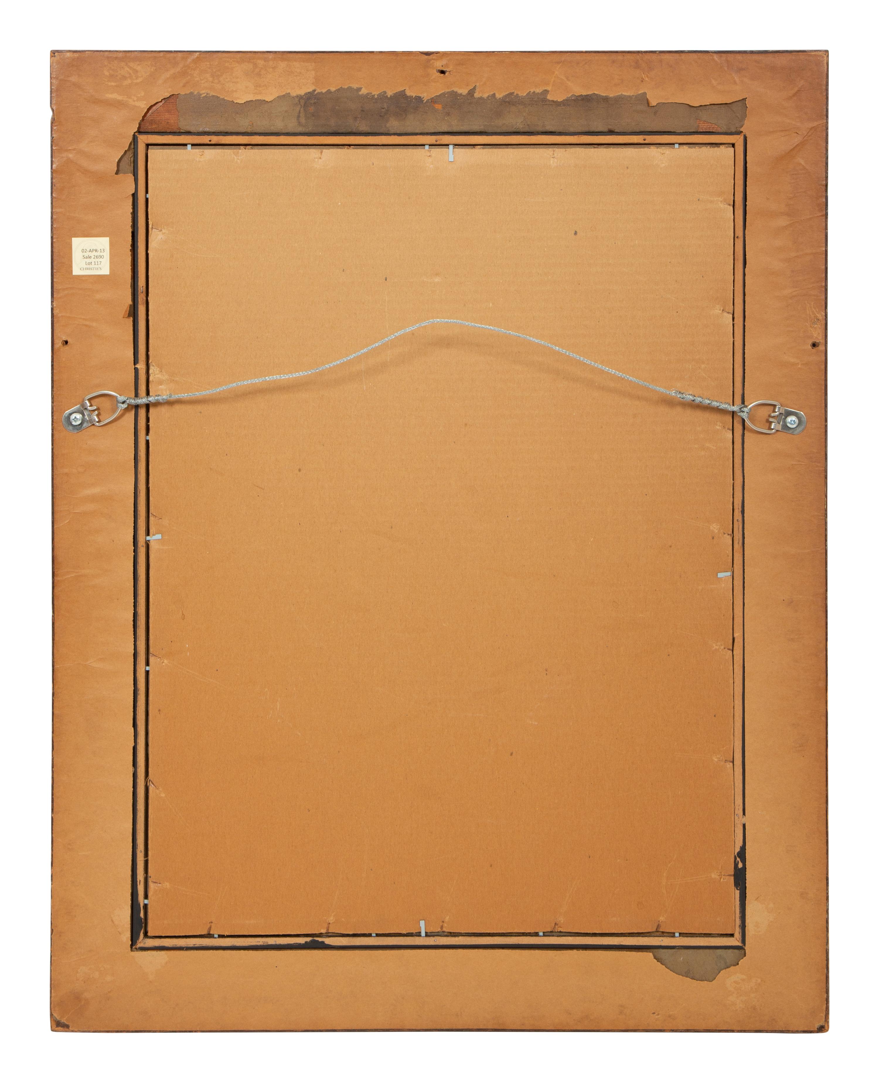 Tromp l'oeil of documents, dried herbs and a pipe hanging from a string on a nail