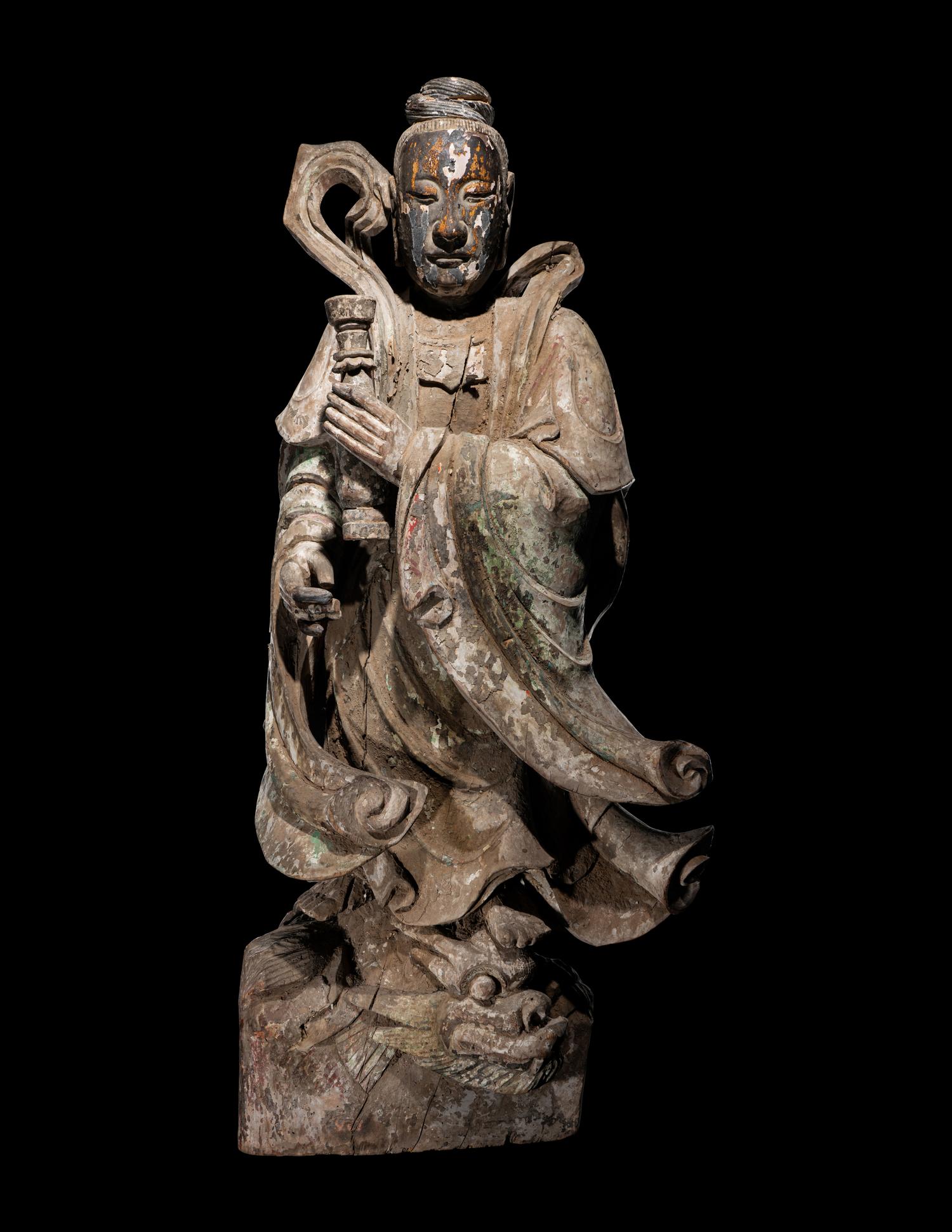 A Carved Polychrome Lacquered Wood Figure of a Guanyin