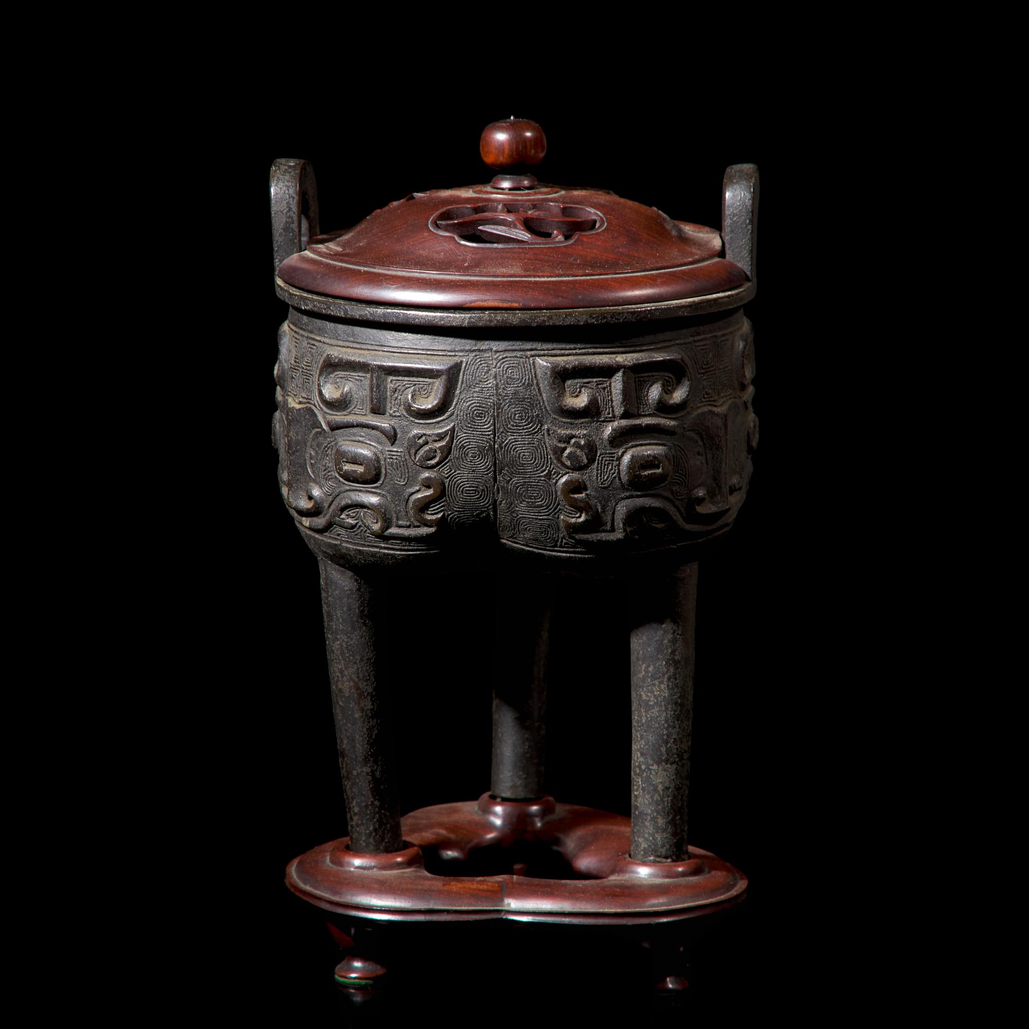 A Chinese Archaistic Patinated Bronze Tripod Censer, Late Ming to Qing Dynasty 明末清初 仿古饕餮紋銅鼎