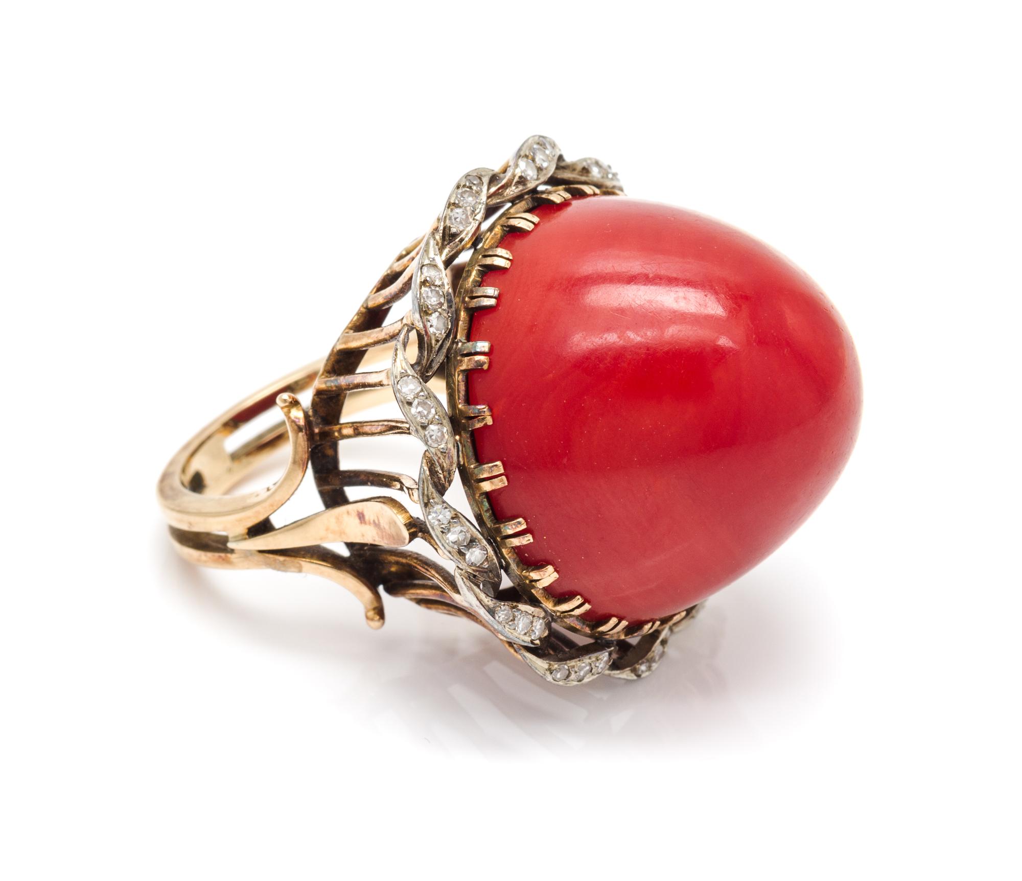 A Fine Yellow Gold, Coral and Diamond Bombe Ring, 13.60 dwts.