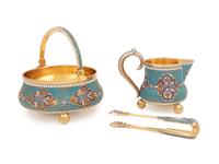A Russian Silver-Gilt and Enamel Creamer and Sugar Set
