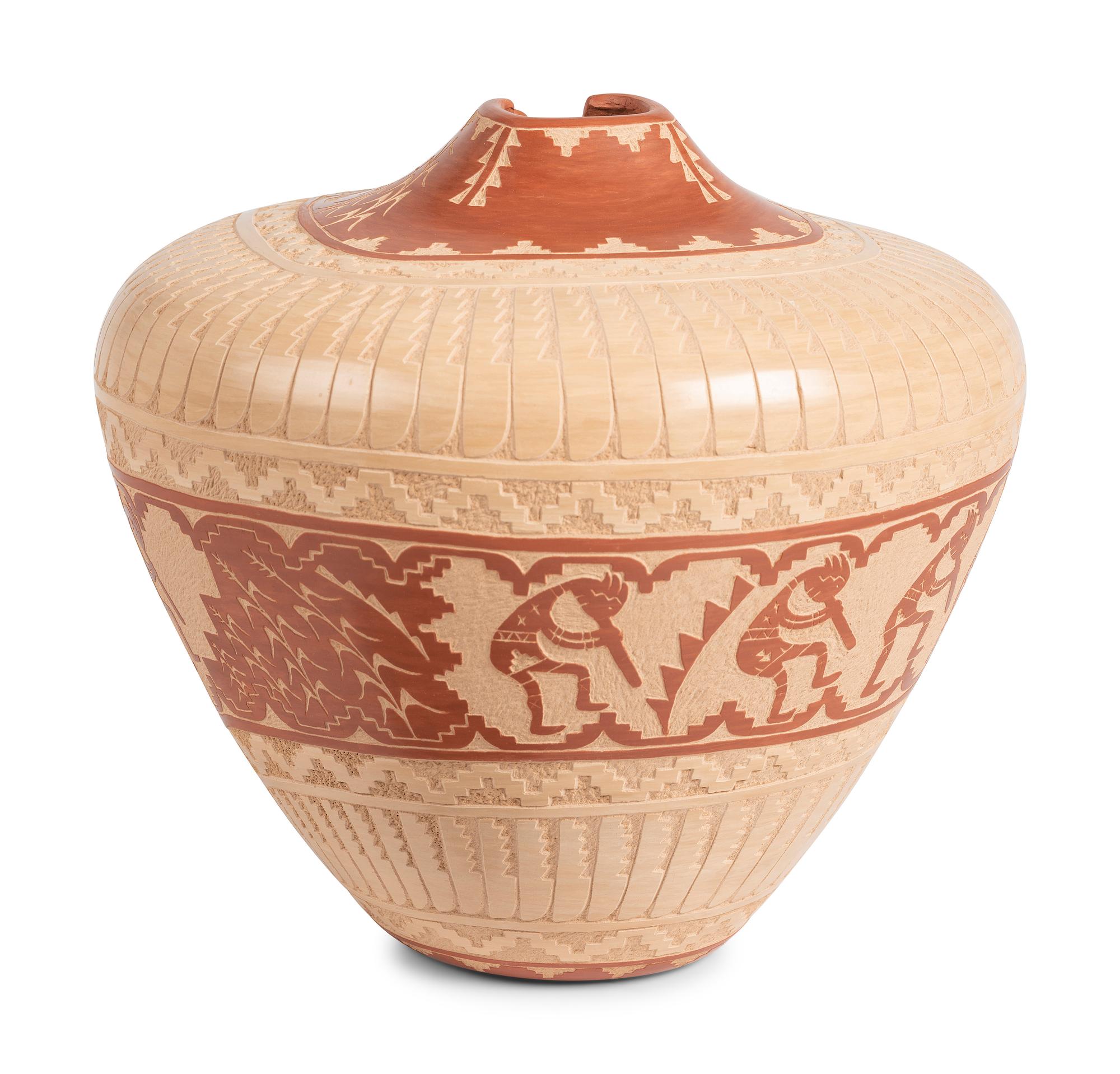 Sgraffito Red and Tan Pottery Jar