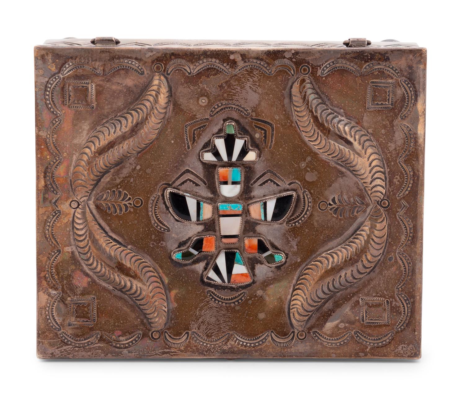 Navajo Stamped Silver Box, with Zuni Mosaic Inlaid Knifewing
