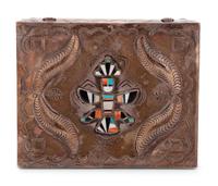Navajo Stamped Silver Box, with Zuni Mosaic Inlaid Knifewing