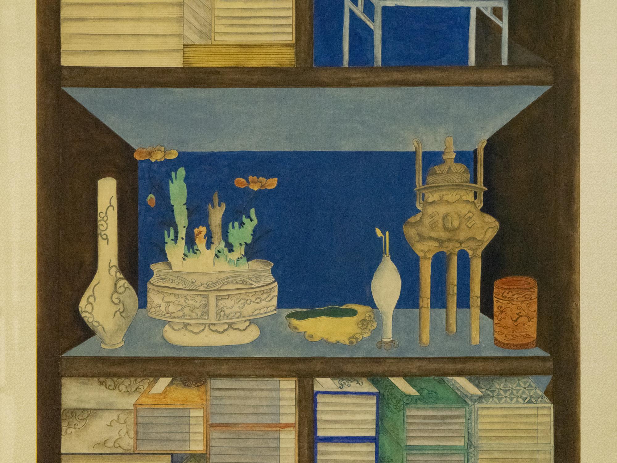 A Pair of Korean Books and Scholars’ Accoutrements (Chaekgeori) Paintings, Joseon Period, 19th Century 十九世紀 朝鮮王朝《冊架圖》兩幅
