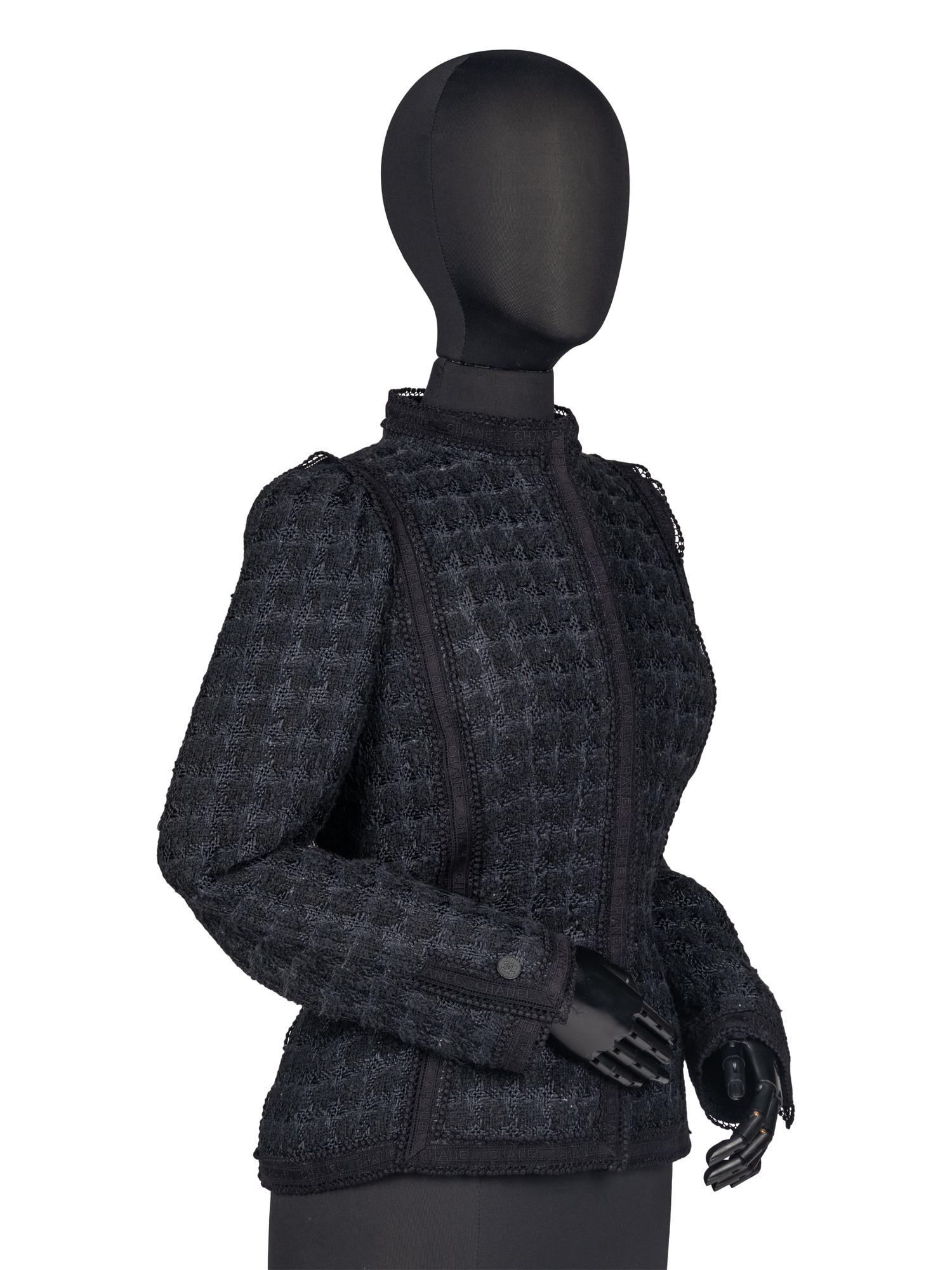 Chanel Black Tweed Jacket Trimmed in Logo Lace