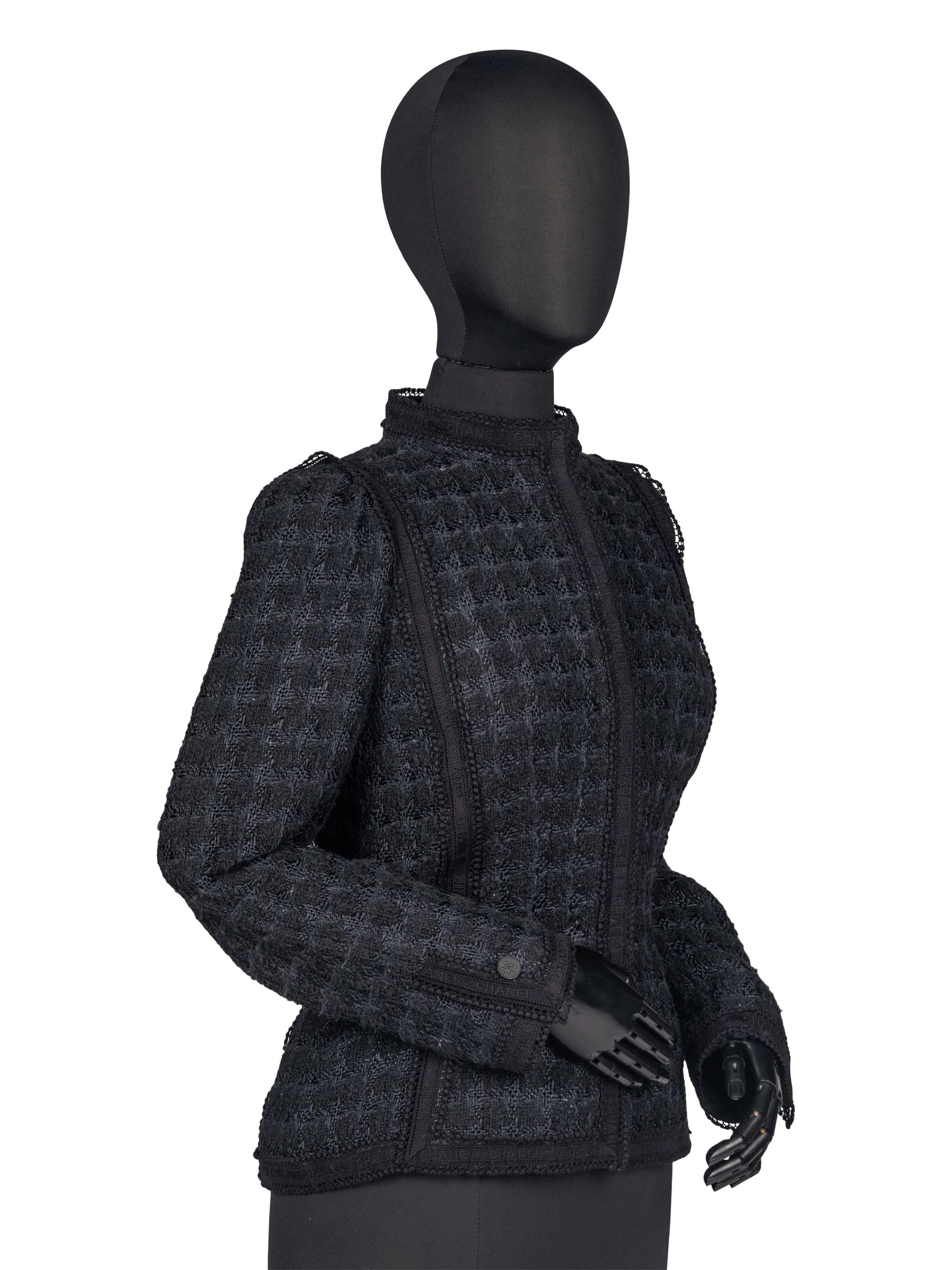 Chanel Black Tweed Jacket Trimmed in Logo Lace