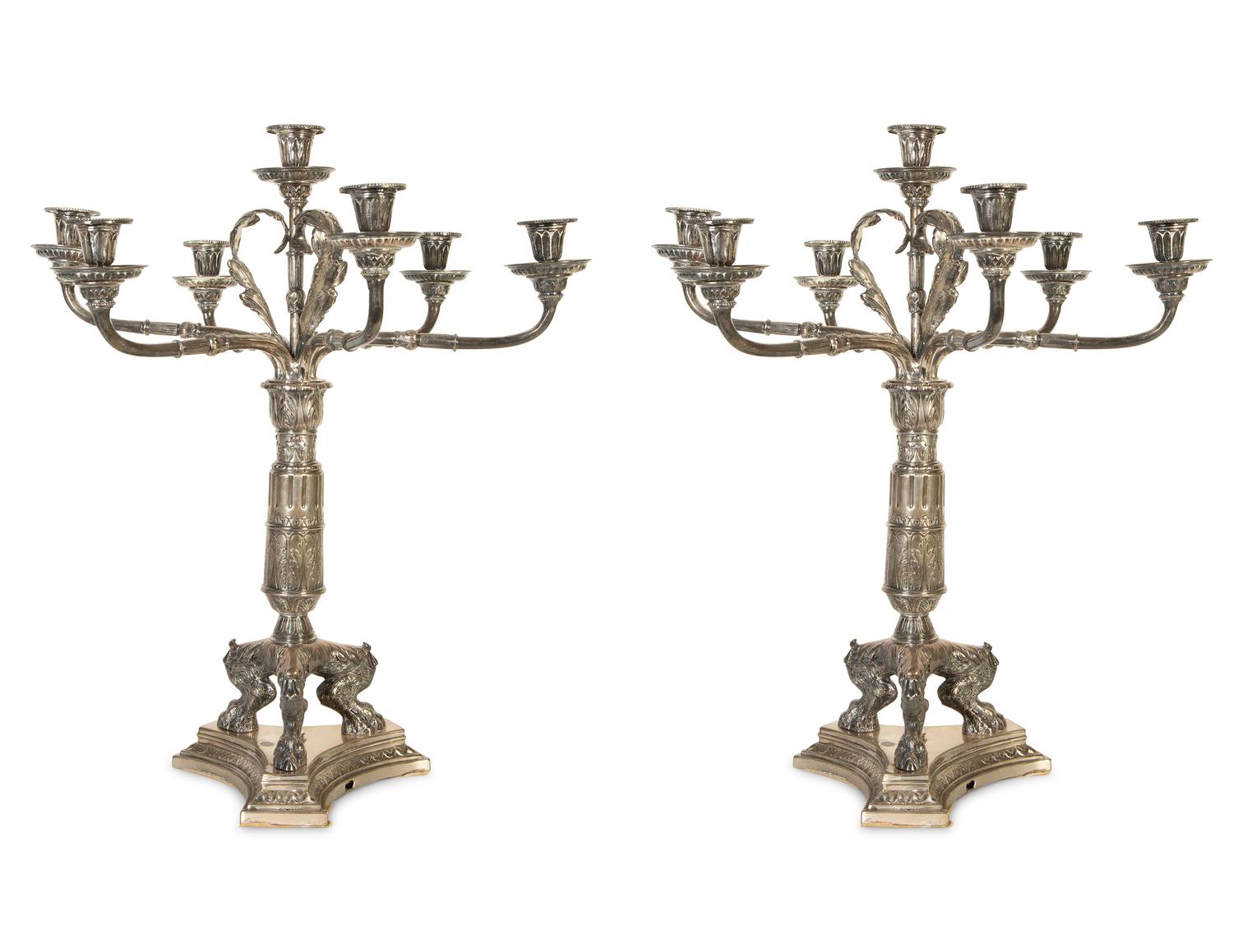 A Pair of English Silver Plate Seven-Light Candelabra — 19th Century