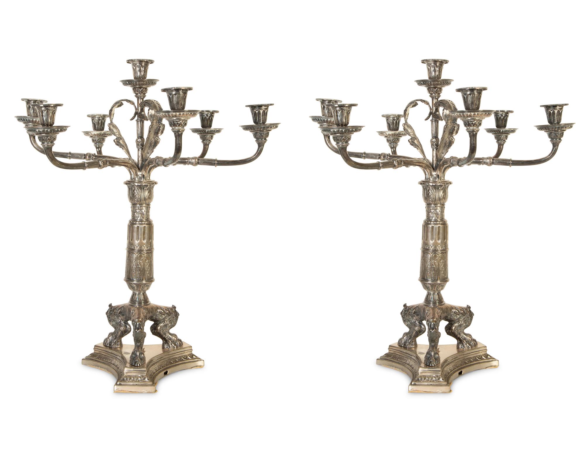 A Pair of English Silver Plate Seven-Light Candelabra — 19th Century