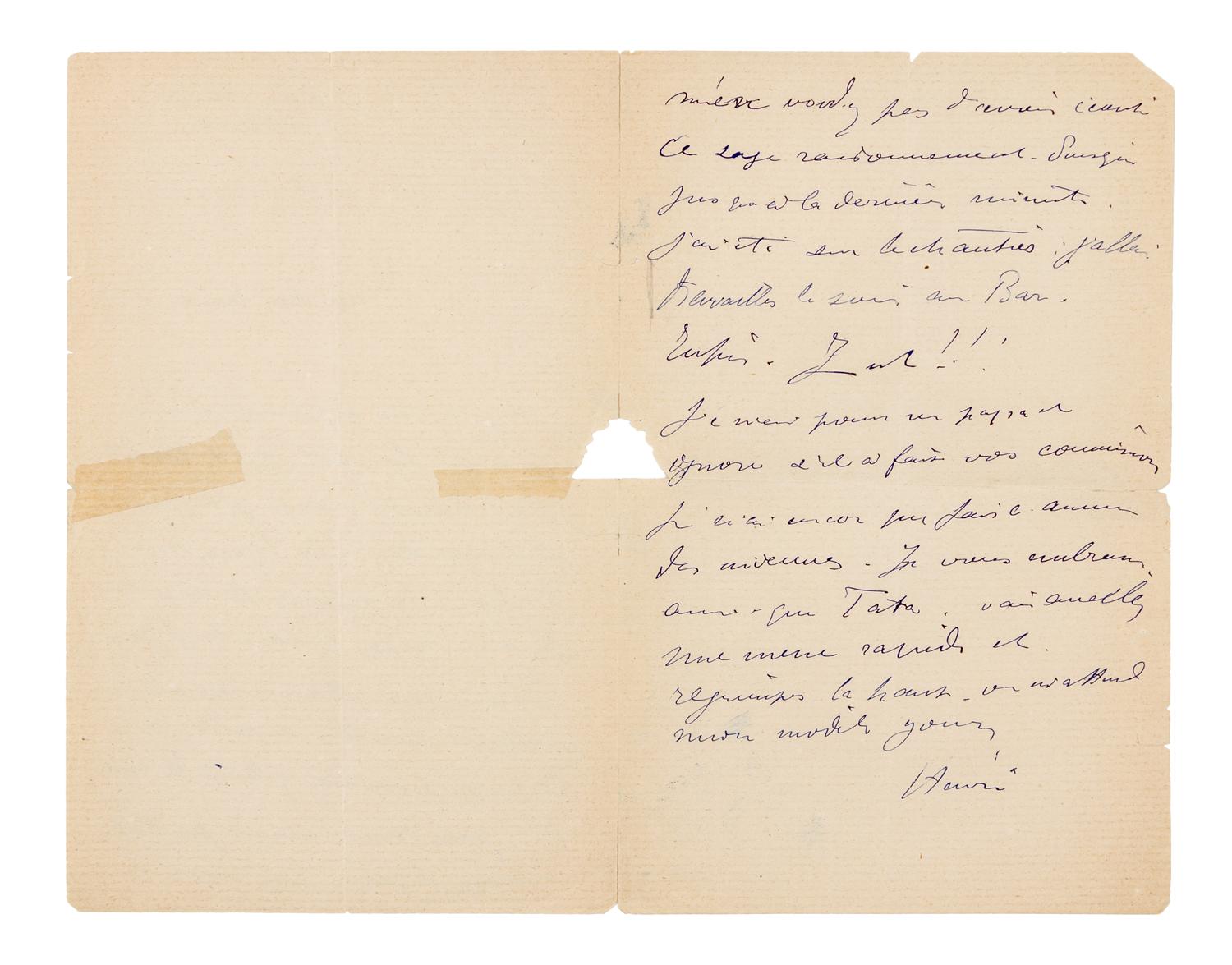 TOULOUSE-LAUTREC, Henri de. Autographed letter signed ("Henri"), in French, to his mother, Lucas [a restaurant], 15 August, no year.