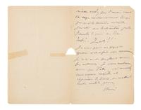 TOULOUSE-LAUTREC, Henri de. Autographed letter signed ("Henri"), in French, to his mother, Lucas [a restaurant], 15 August, no year.