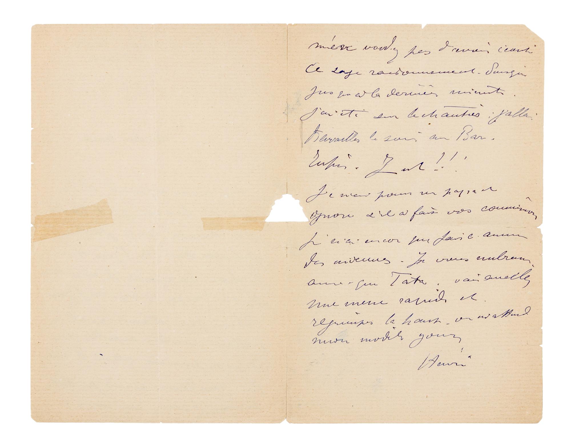 TOULOUSE-LAUTREC, Henri de. Autographed letter signed ("Henri"), in French, to his mother, Lucas [a restaurant], 15 August, no year.