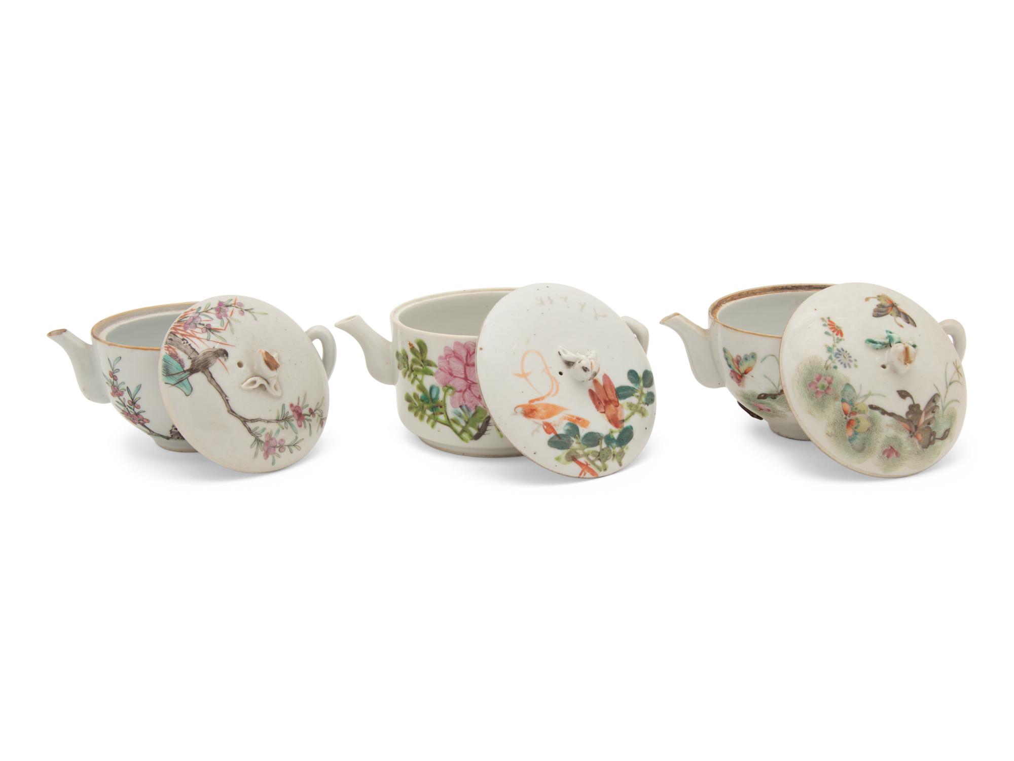 Three Chinese Famille Rose Porcelain Teapots