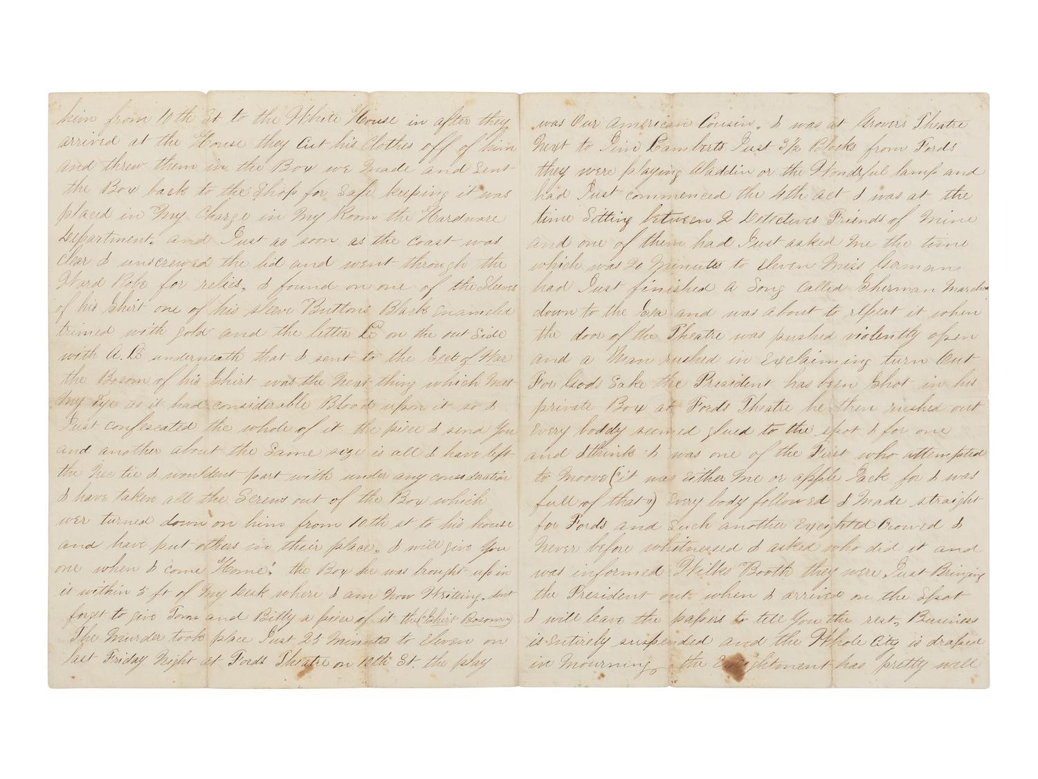 [LINCOLN ASSASSINATION]. A piece of Abraham Lincoln's shirt worn on the night of his assassination at Ford's Theatre, 14 April 1865; with an autograph letter from War Department employee Mose Sandford with a detailed description of the assassination and its aftermath, 17 April 1865.