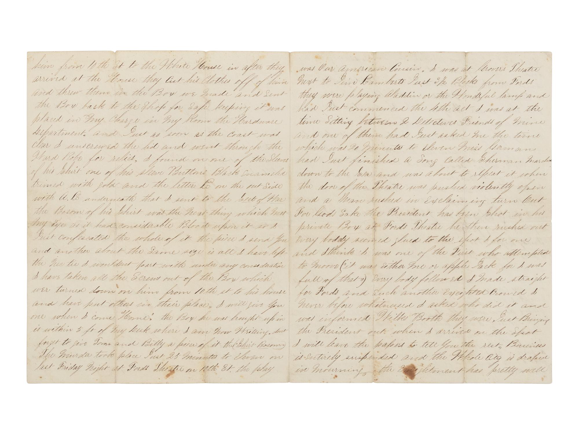 [LINCOLN ASSASSINATION]. A piece of Abraham Lincoln's shirt worn on the night of his assassination at Ford's Theatre, 14 April 1865; with an autograph letter from War Department employee Mose Sandford with a detailed description of the assassination and its aftermath, 17 April 1865.