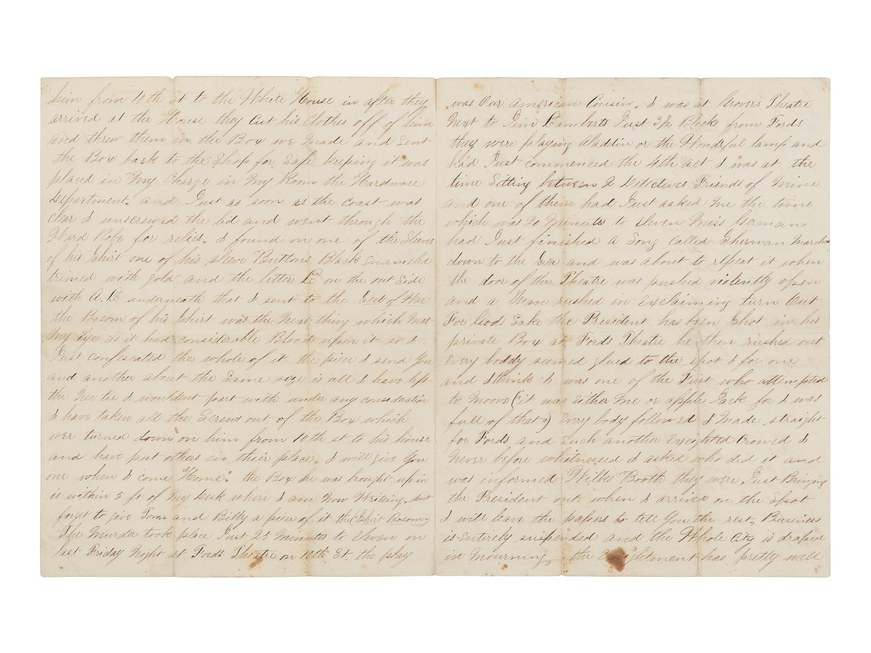 [LINCOLN ASSASSINATION]. A piece of Abraham Lincoln's shirt worn on the night of his assassination at Ford's Theatre, 14 April 1865; with an autograph letter from War Department employee Mose Sandford with a detailed description of the assassination and its aftermath, 17 April 1865.