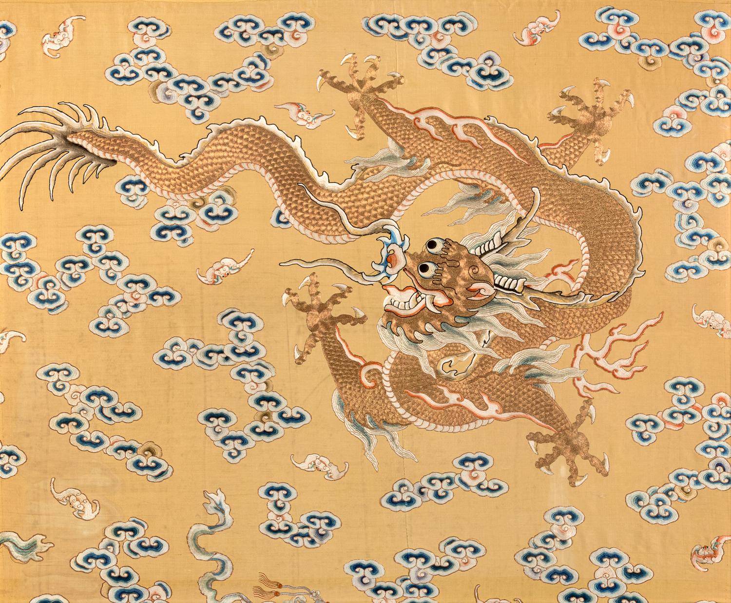 A Large Pair of Yellow Ground Gold Thread 'Dragon' Embroidery Silk Panels