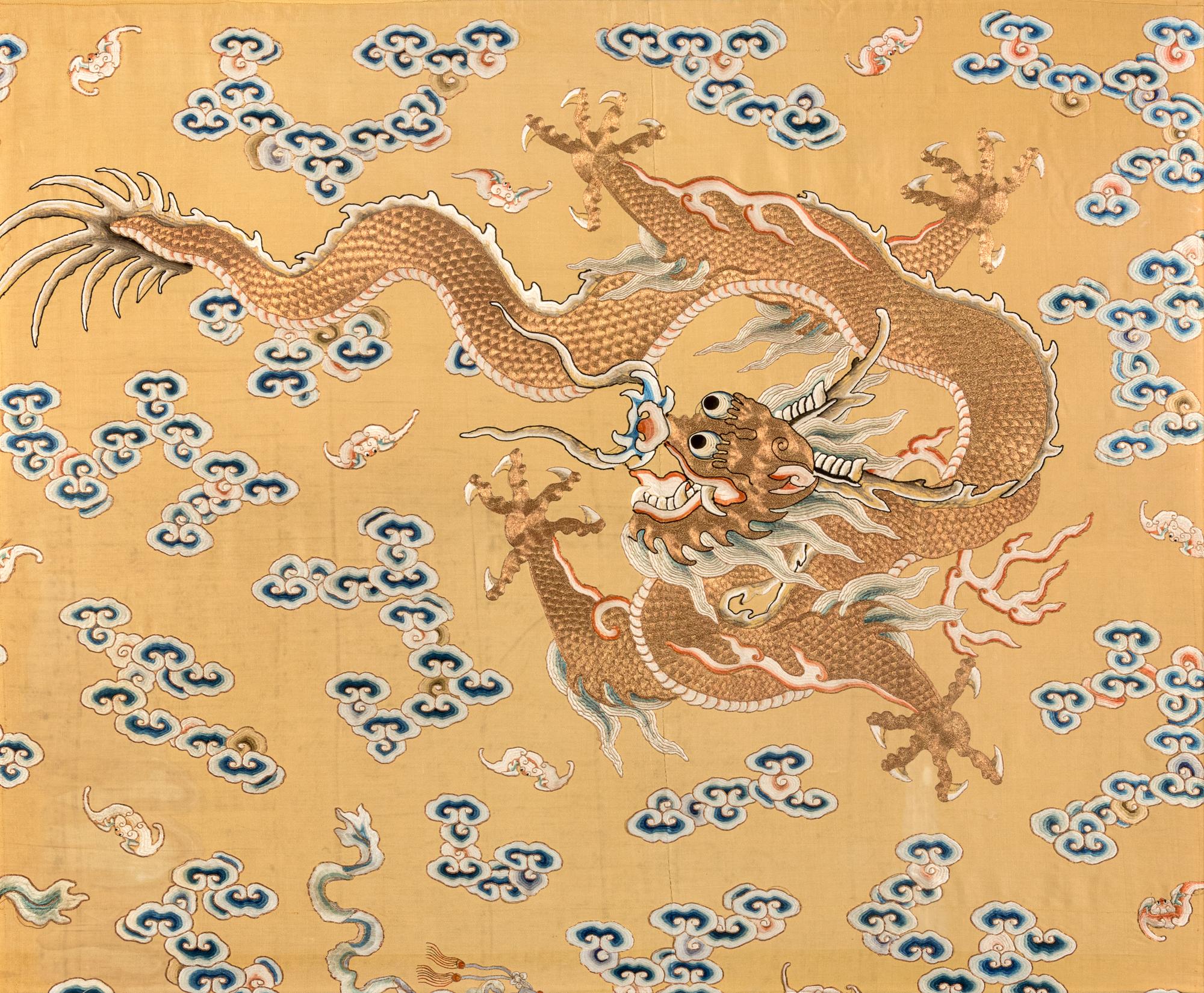 A Large Pair of Yellow Ground Gold Thread 'Dragon' Embroidery Silk Panels