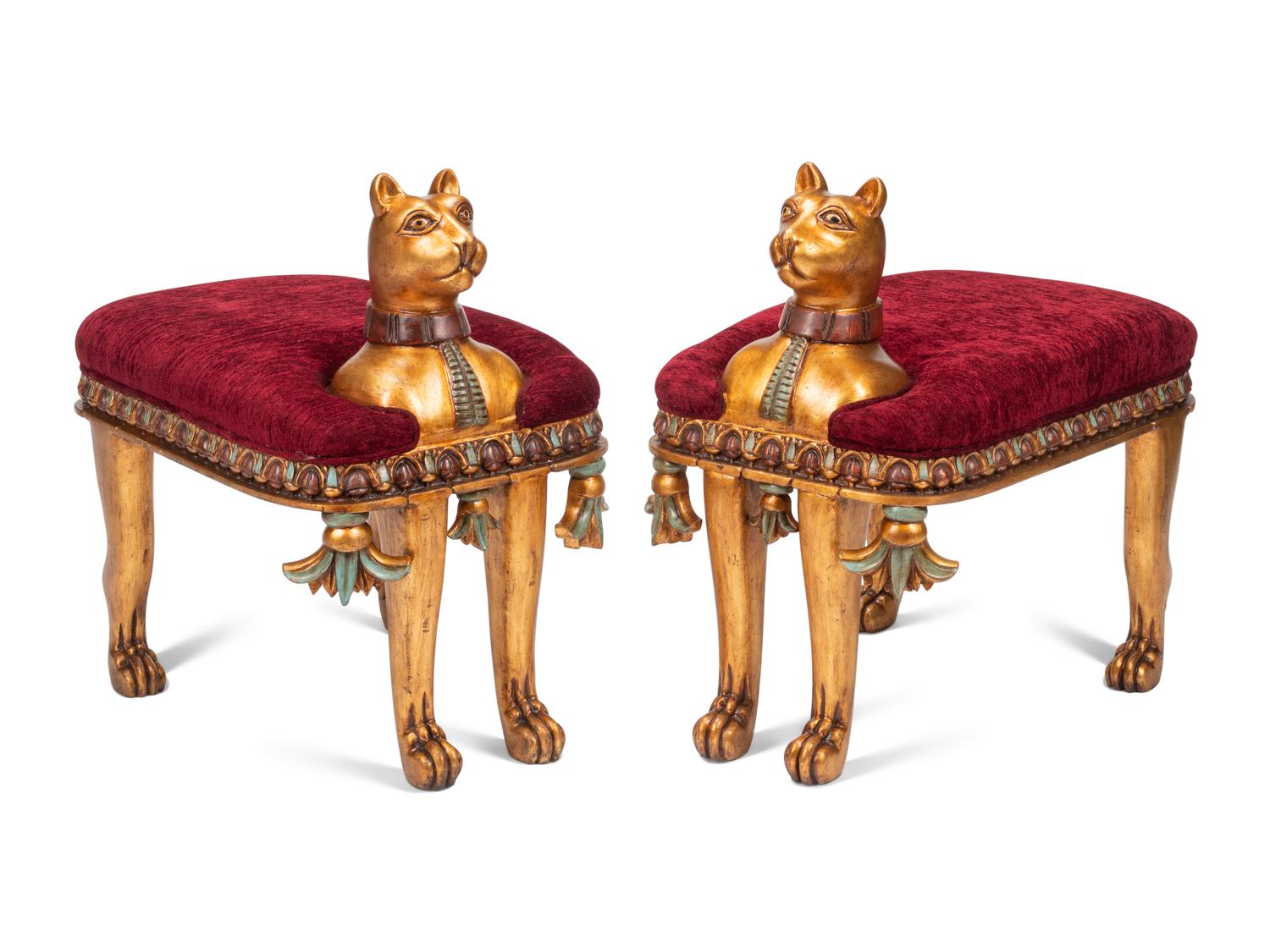 A Pair of Egyptian Revival Style Gilt and Polychrome-Decorated Cat-Form Stools