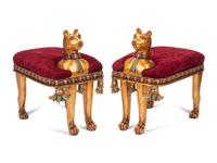 A Pair of Egyptian Revival Style Gilt and Polychrome-Decorated Cat-Form Stools