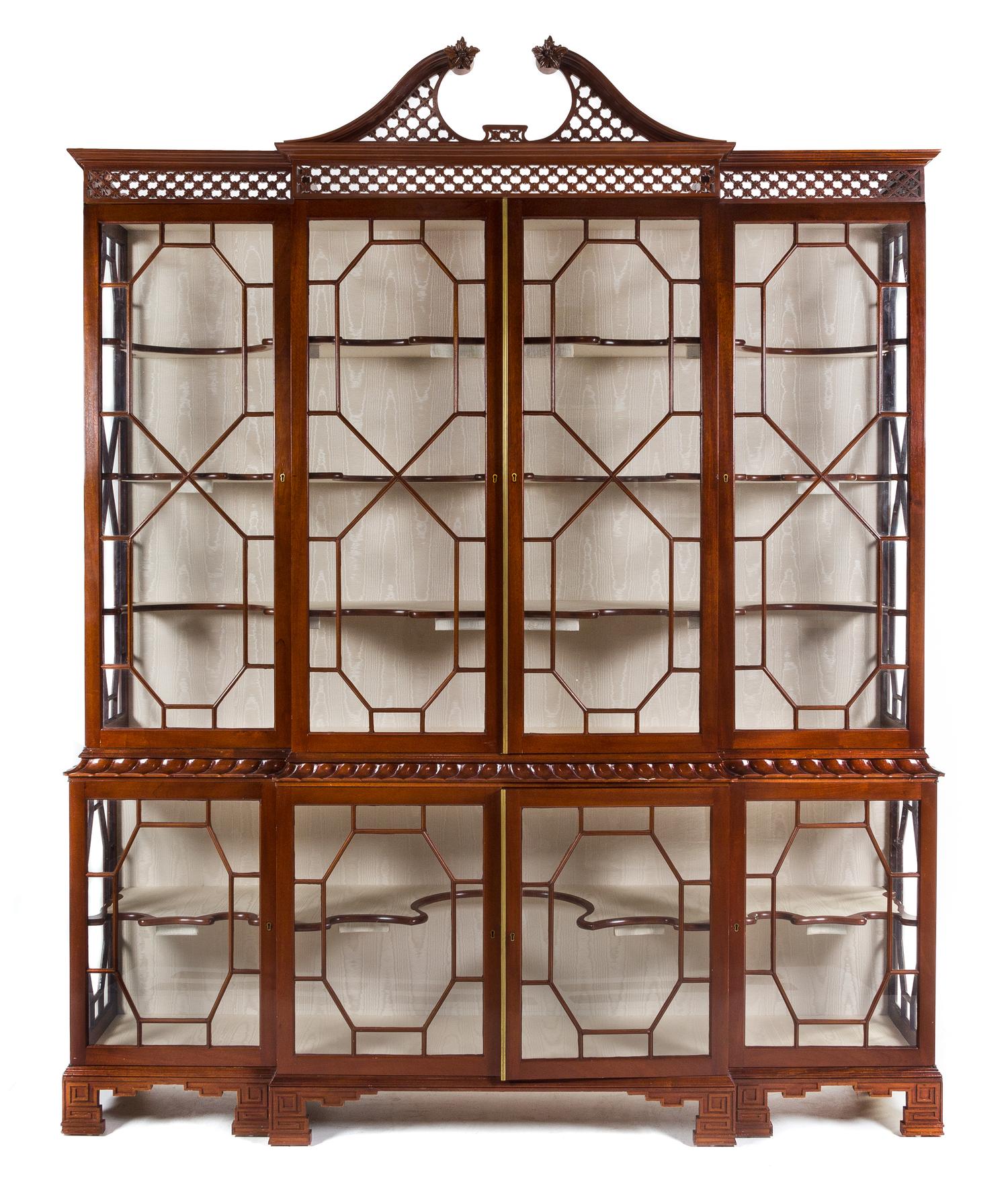A Chinese Chippendale Style Mahogany Breakfront Vitrine Cabinet Height 100 x width 81 1/2 x depth 17 1/4 inches. — 20TH CENTURY