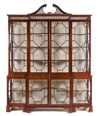 A Chinese Chippendale Style Mahogany Breakfront Vitrine Cabinet Height 100 x width 81 1/2 x depth 17 1/4 inches. — 20TH CENTURY