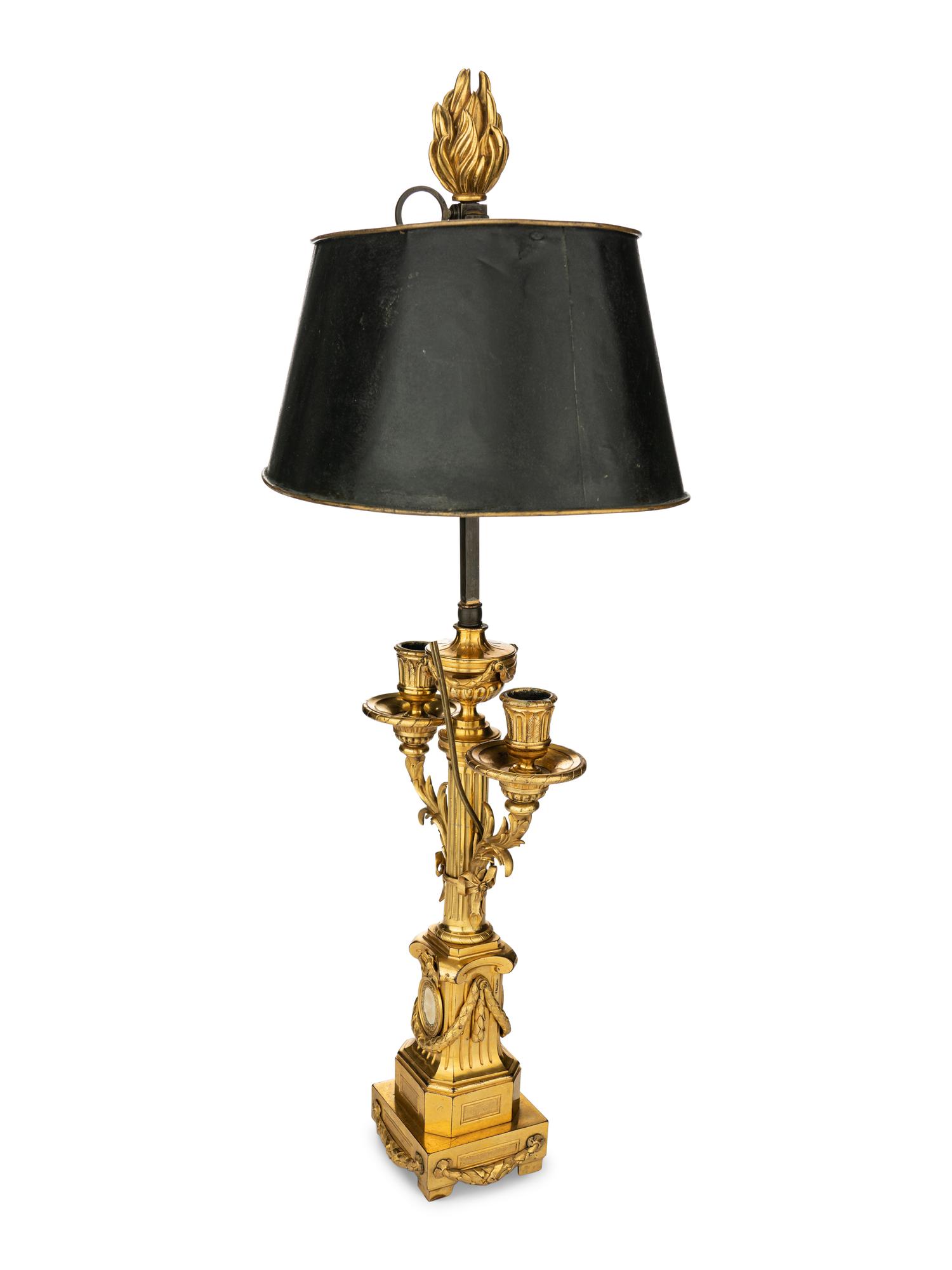 A Pair of Louis XVI Gilt Bronze Two-Light Lamps