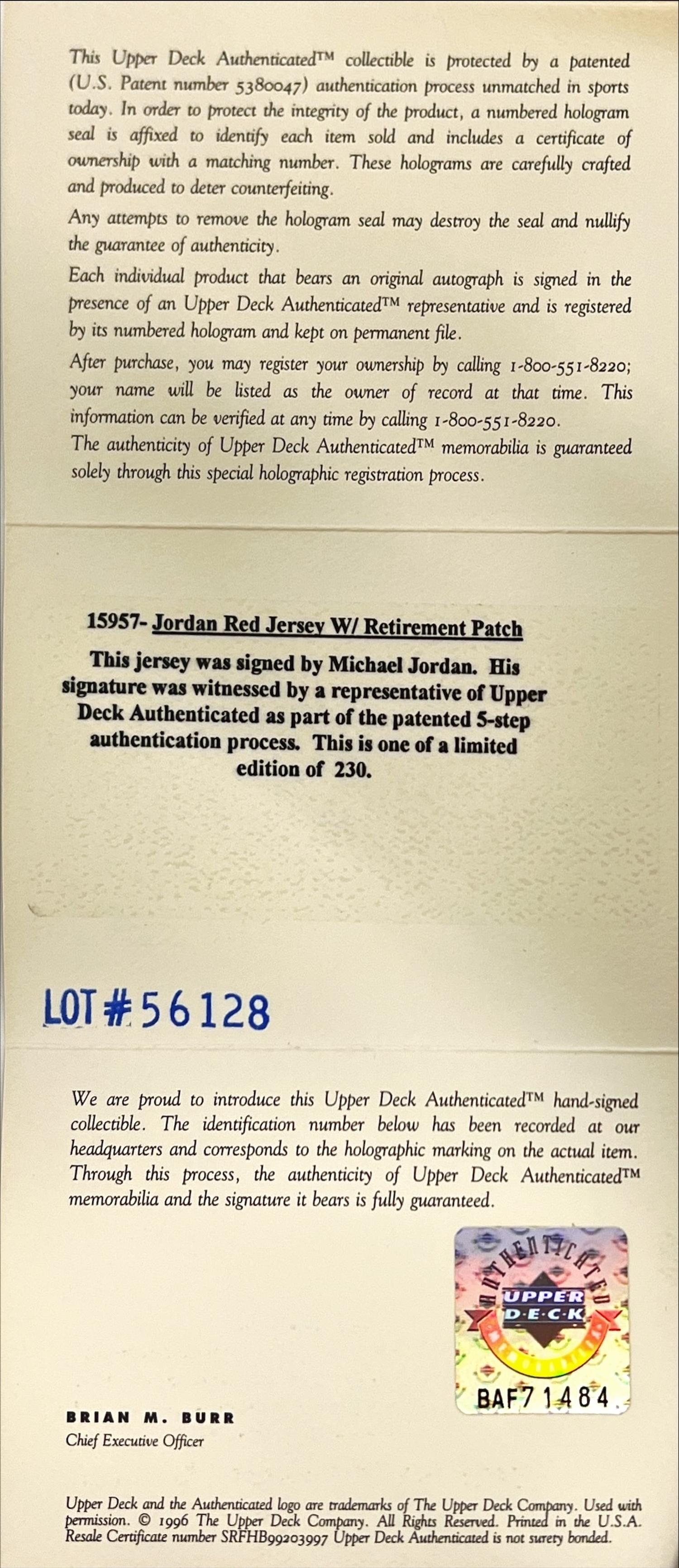 A Michael Jordan Signed Autograph Limited Edition 1999 Chicago Bulls Retirement Jersey (Upper Deck Authenticated)