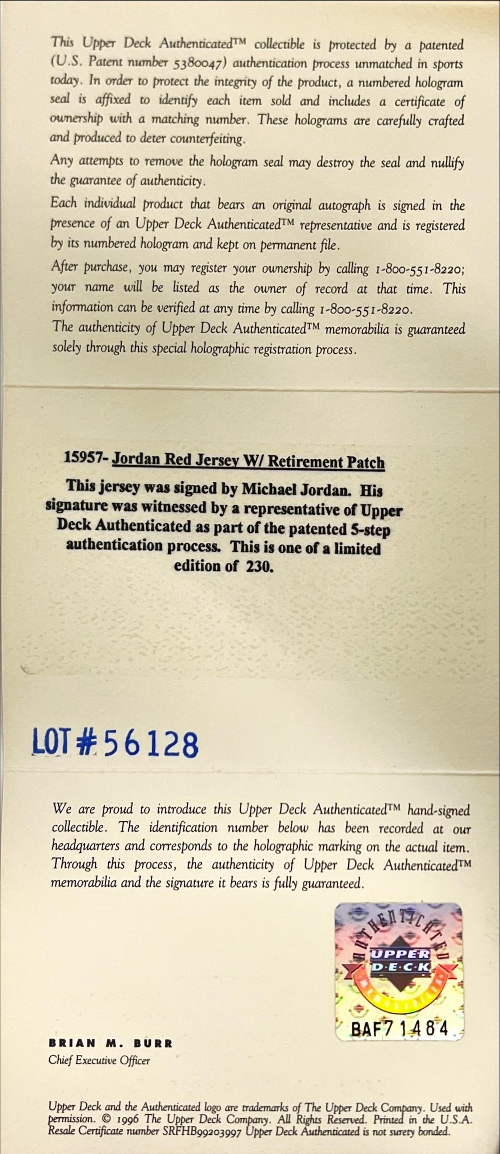 A Michael Jordan Signed Autograph Limited Edition 1999 Chicago Bulls Retirement Jersey (Upper Deck Authenticated)