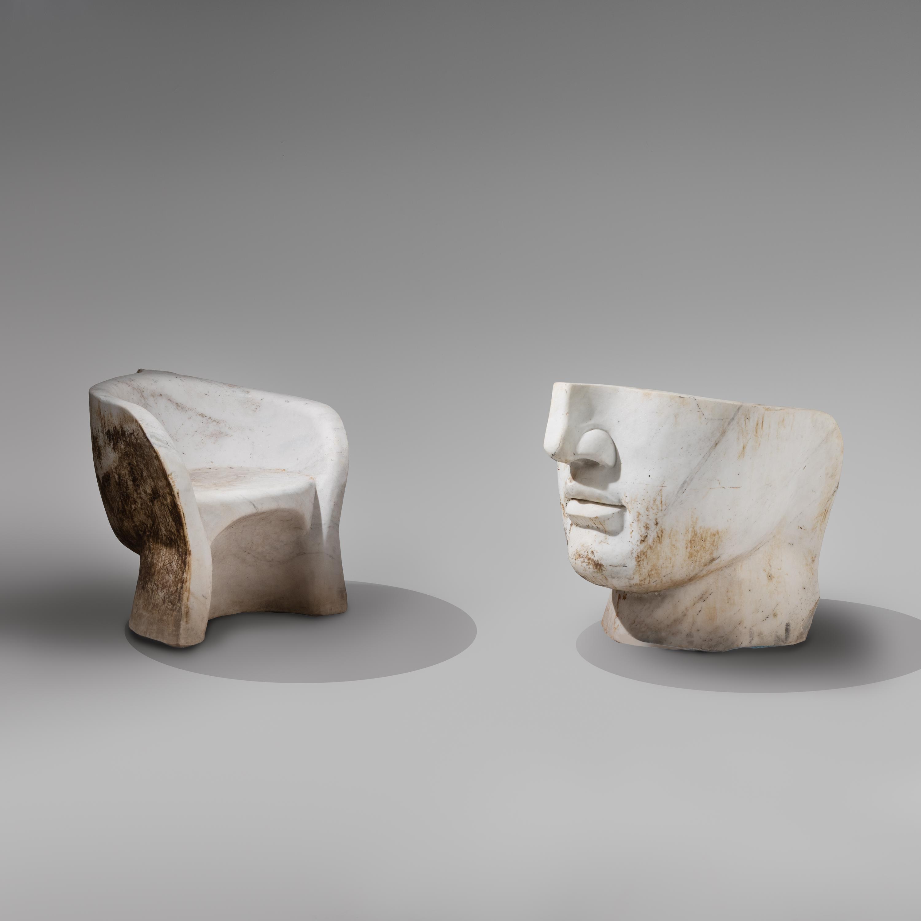 Italian Design 20th Century — Pair of Carved Marble Armchairs