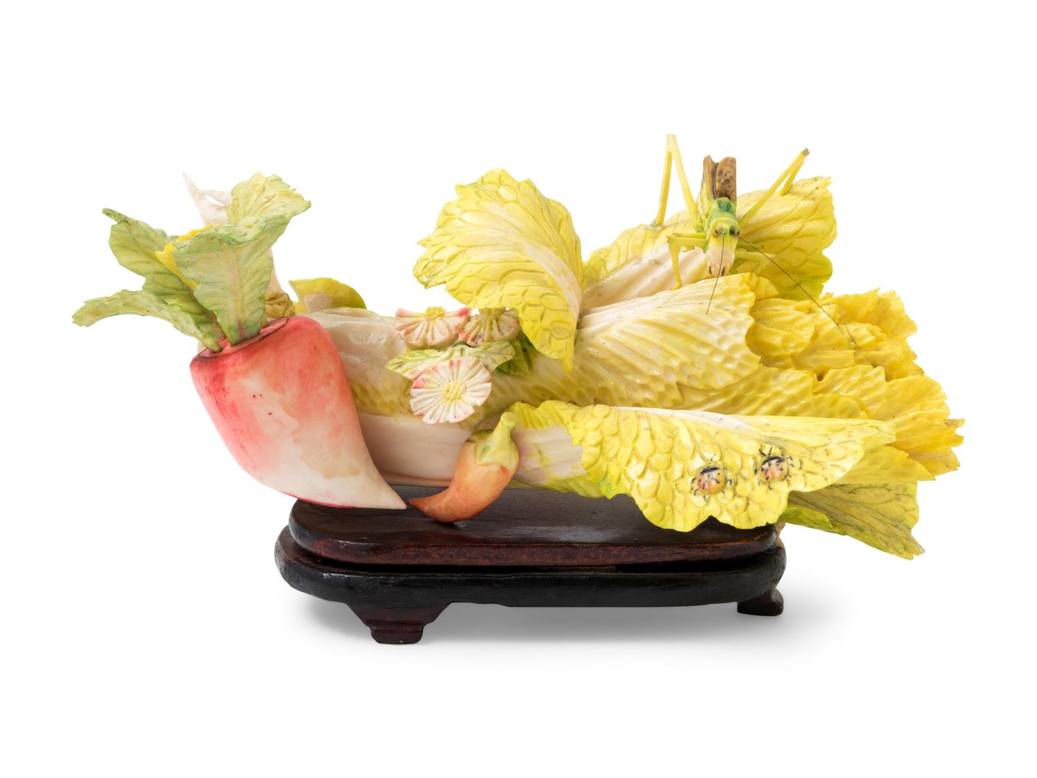 A Chinese Painted Bone Carving of a Cabbage