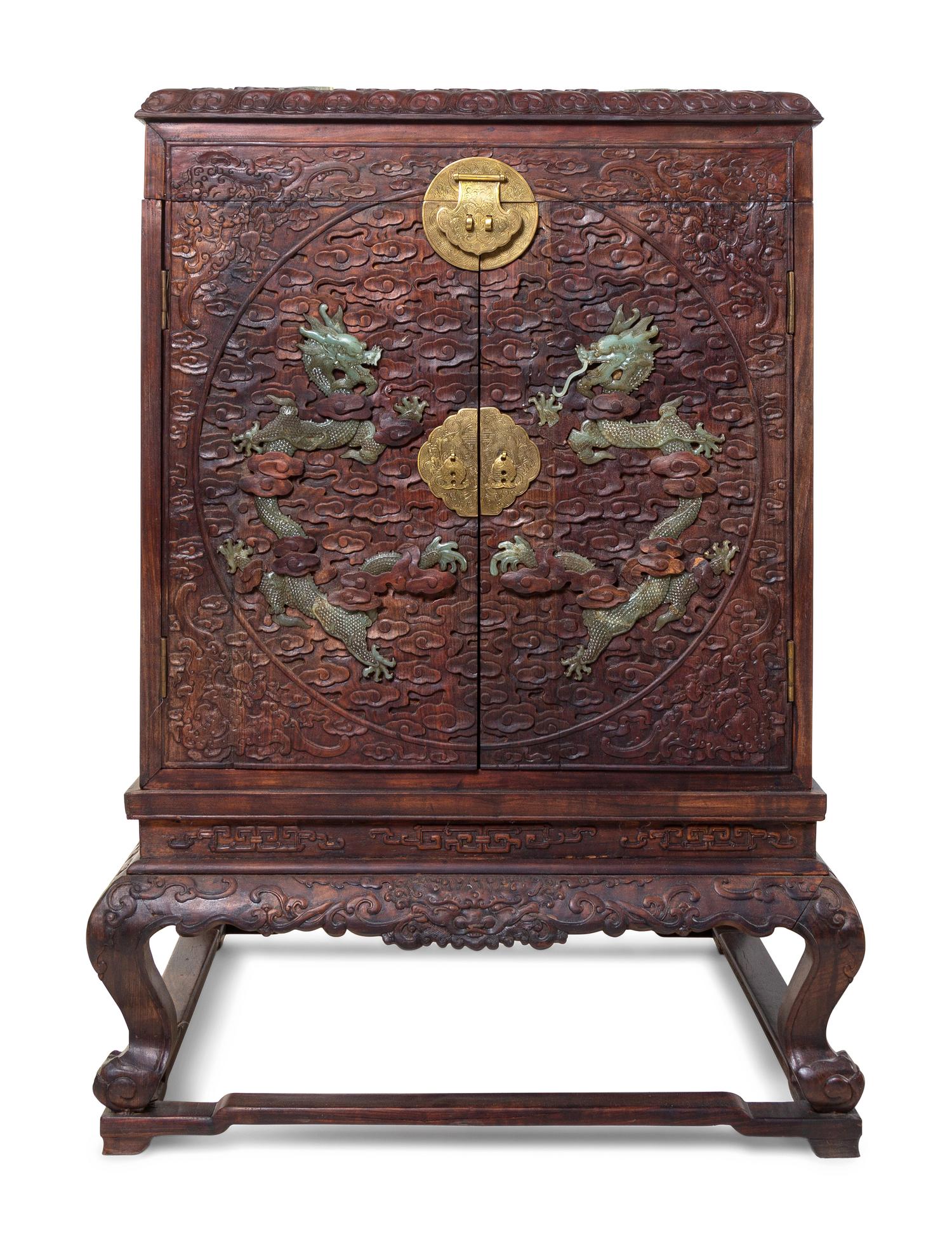A Pair of Large Chinese Export Jade-Inset Carved Hardwood Chests on Stands