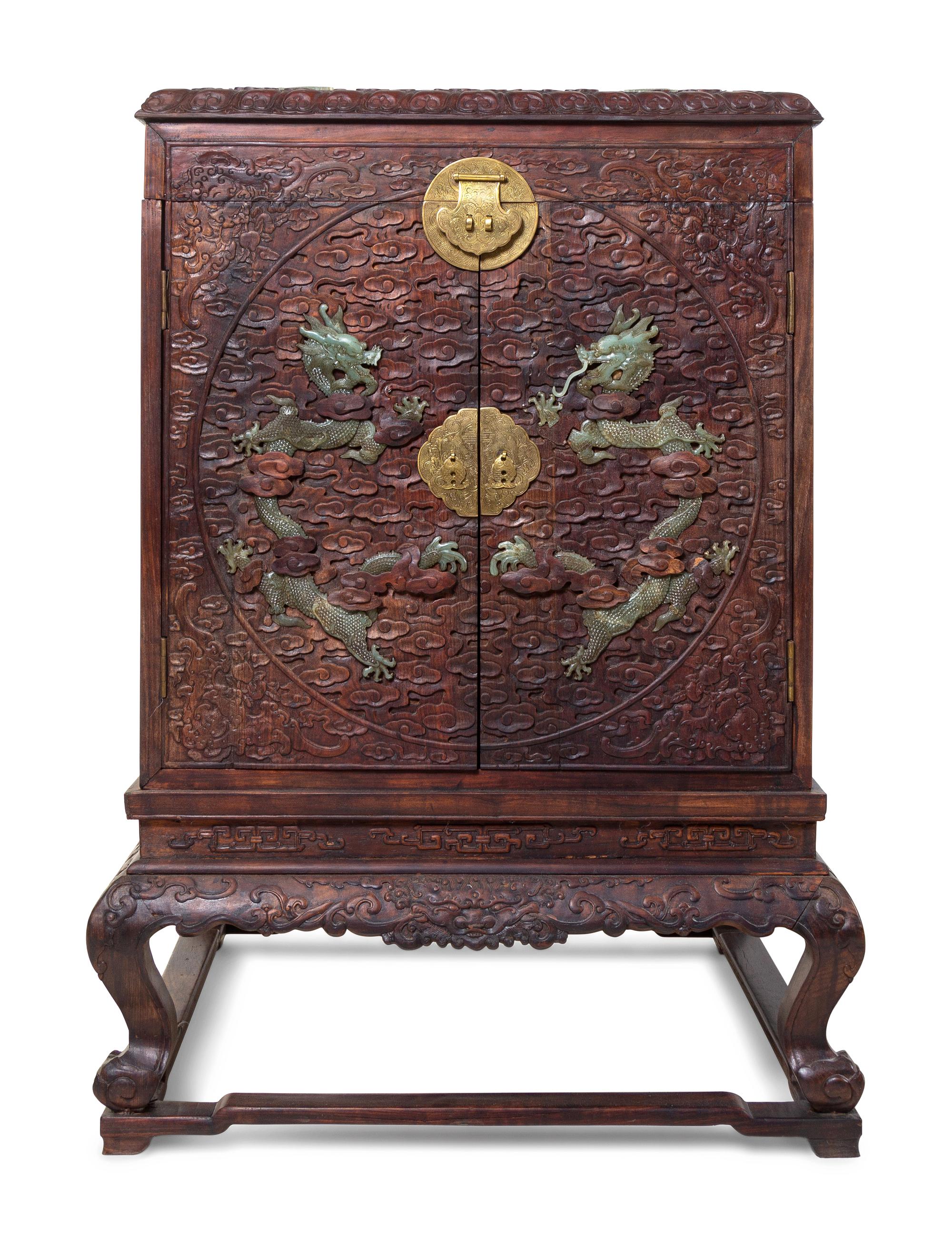A Pair of Large Chinese Export Jade-Inset Carved Hardwood Chests on Stands